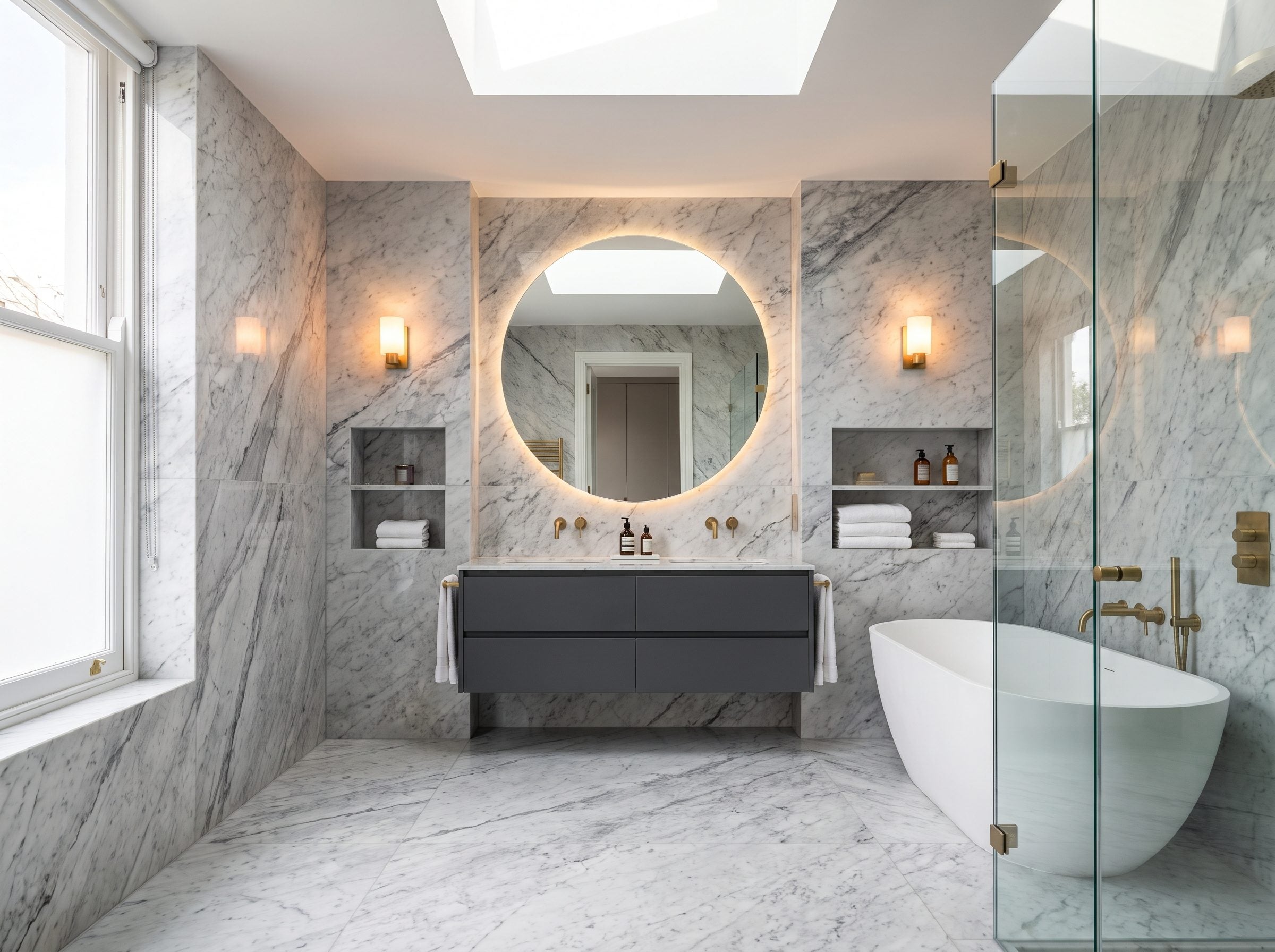 Bathroom with gray Bardiglio marble on the back wall and floor, a white freestanding tub, and a charcoal floating vanity