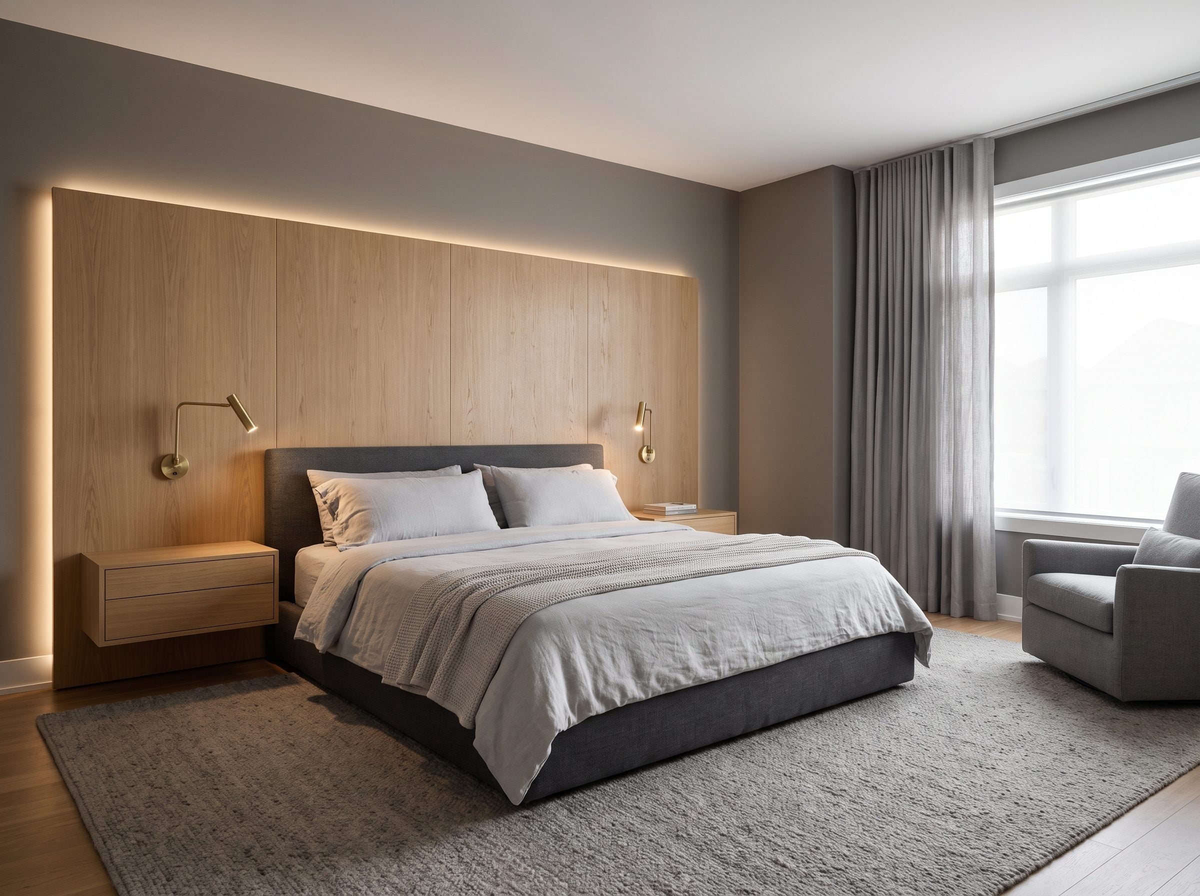 Primary bedroom with a floor-to-ceiling white-oak headboard wall, warm-gray walls, a charcoal upholstered bed, and a wool