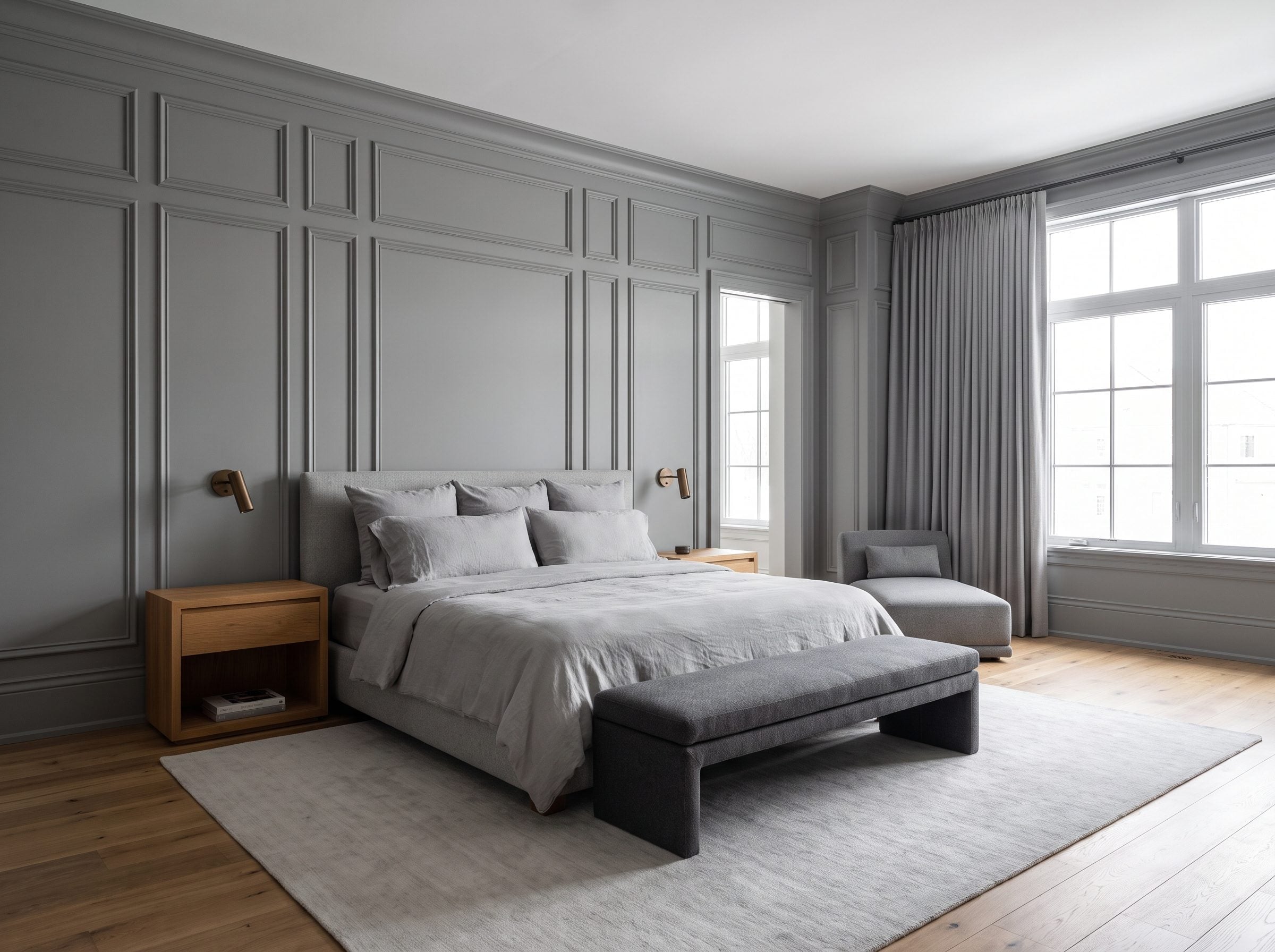 Primary bedroom with a floor-to-ceiling medium-gray paneled wall behind an upholstered bed, oak nightstands, and bronze