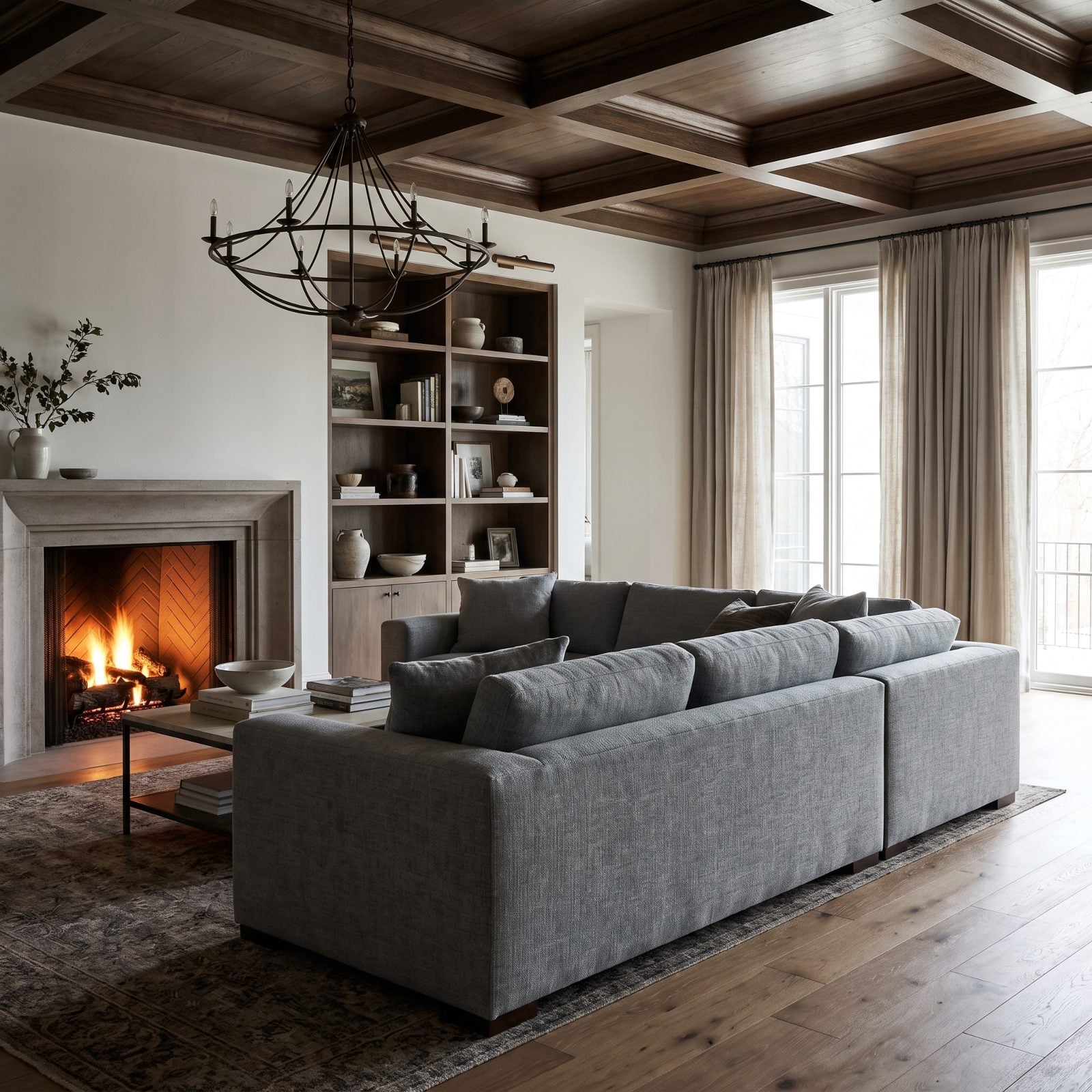 A Gray Sectional Blocking the Room's Warm Fireplace