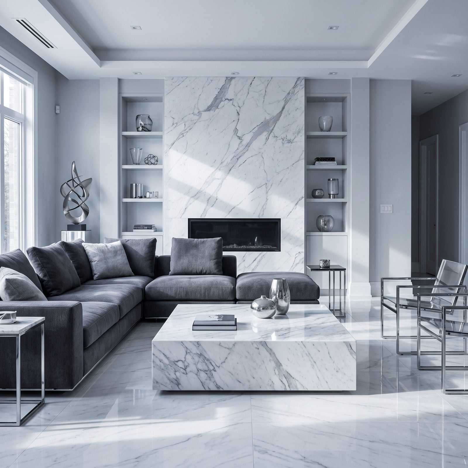 A Gray Sectional Paired With Stark White Marble