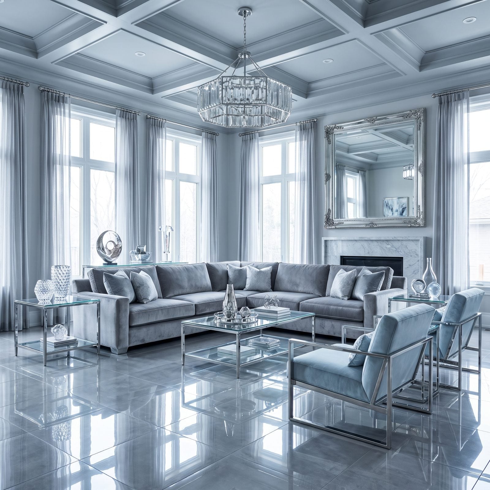 A Gray Sectional Surrounded by Chrome and Glass