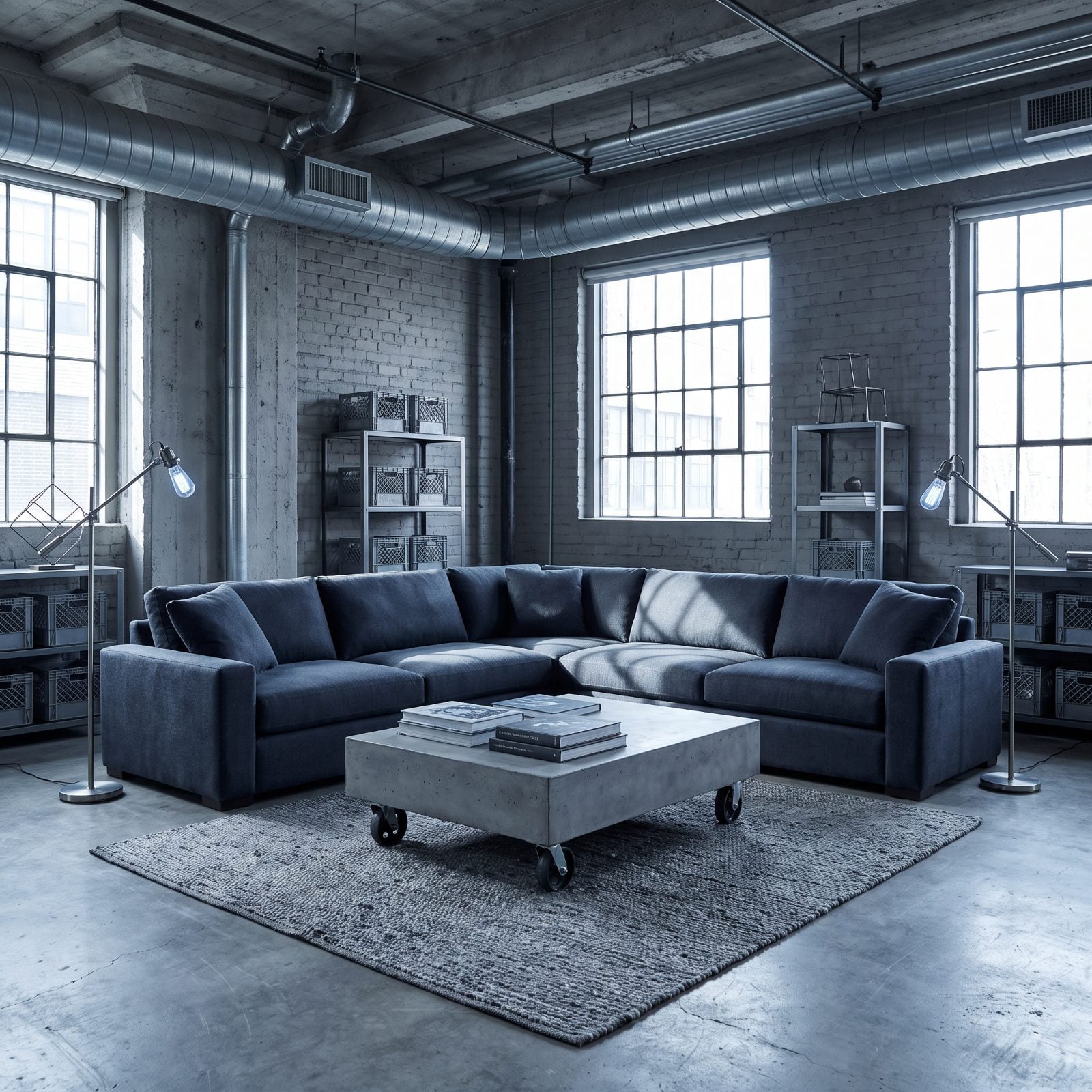 Industrial loft living room with a blue-gray sectional on bare concrete floors surrounded by steel, brick, and black-framed