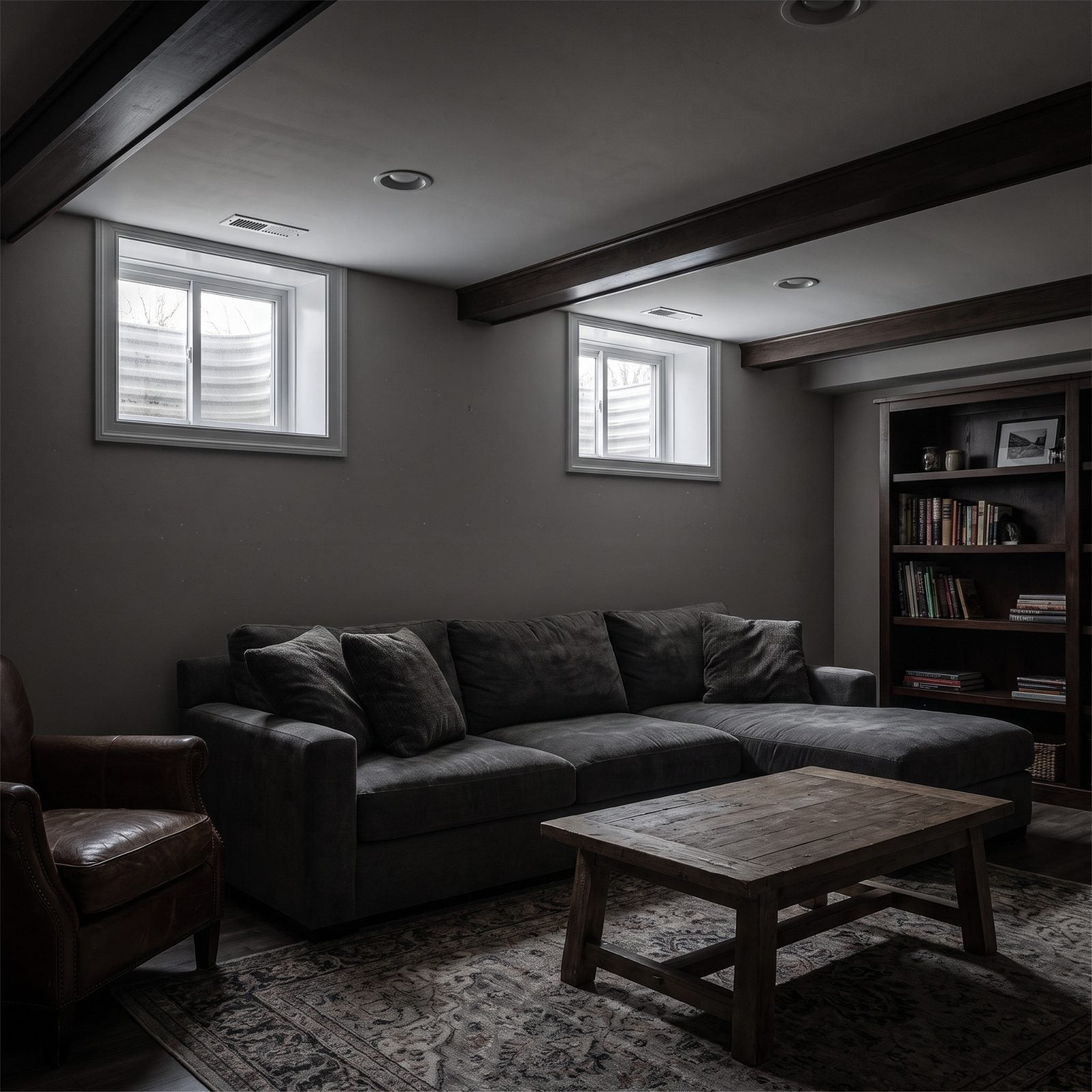 A Gray Sofa Making a Basement Feel Even Dimmer