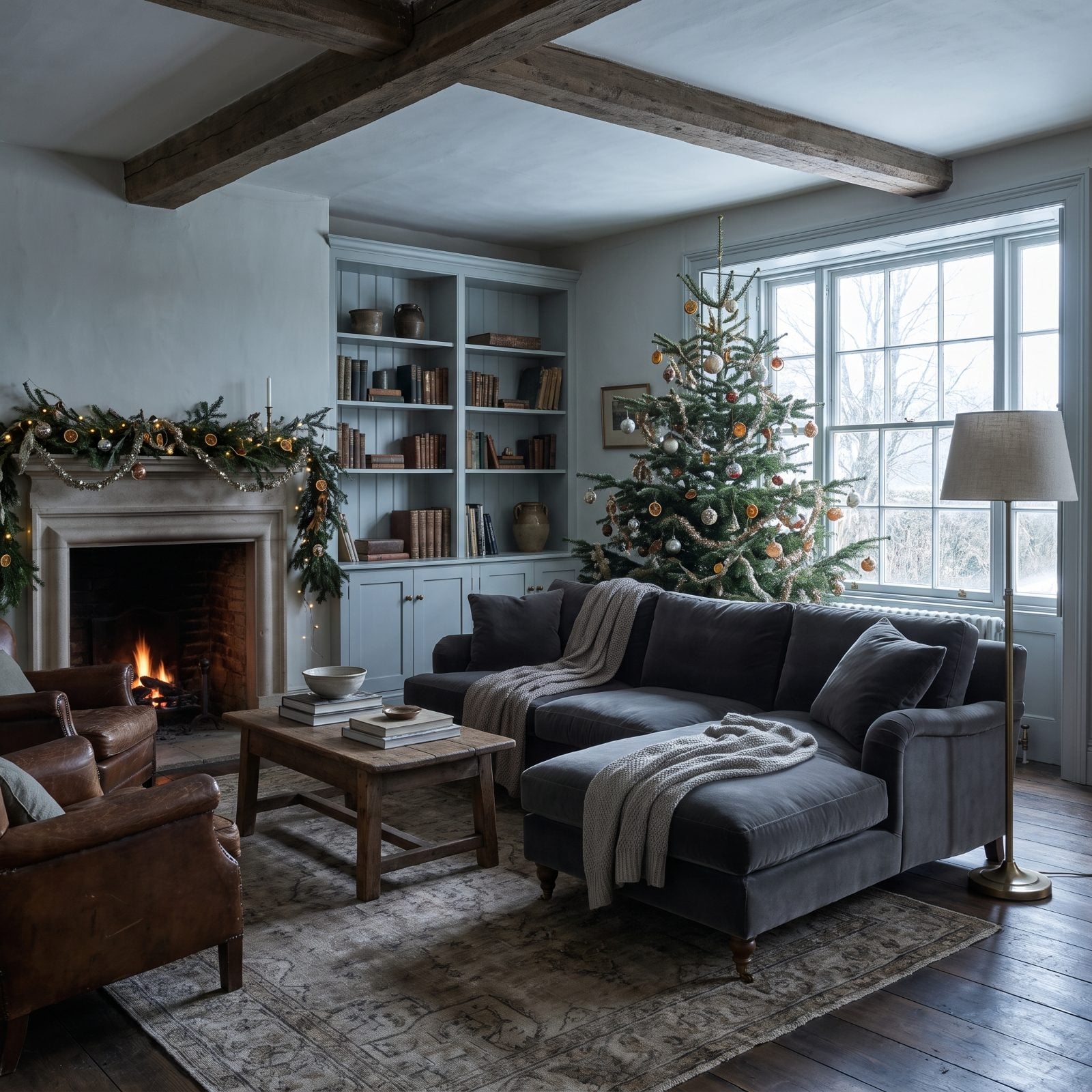 Traditional holiday living room with an ashy lavender-gray velvet sofa where the fresh fir garland and green pillows read