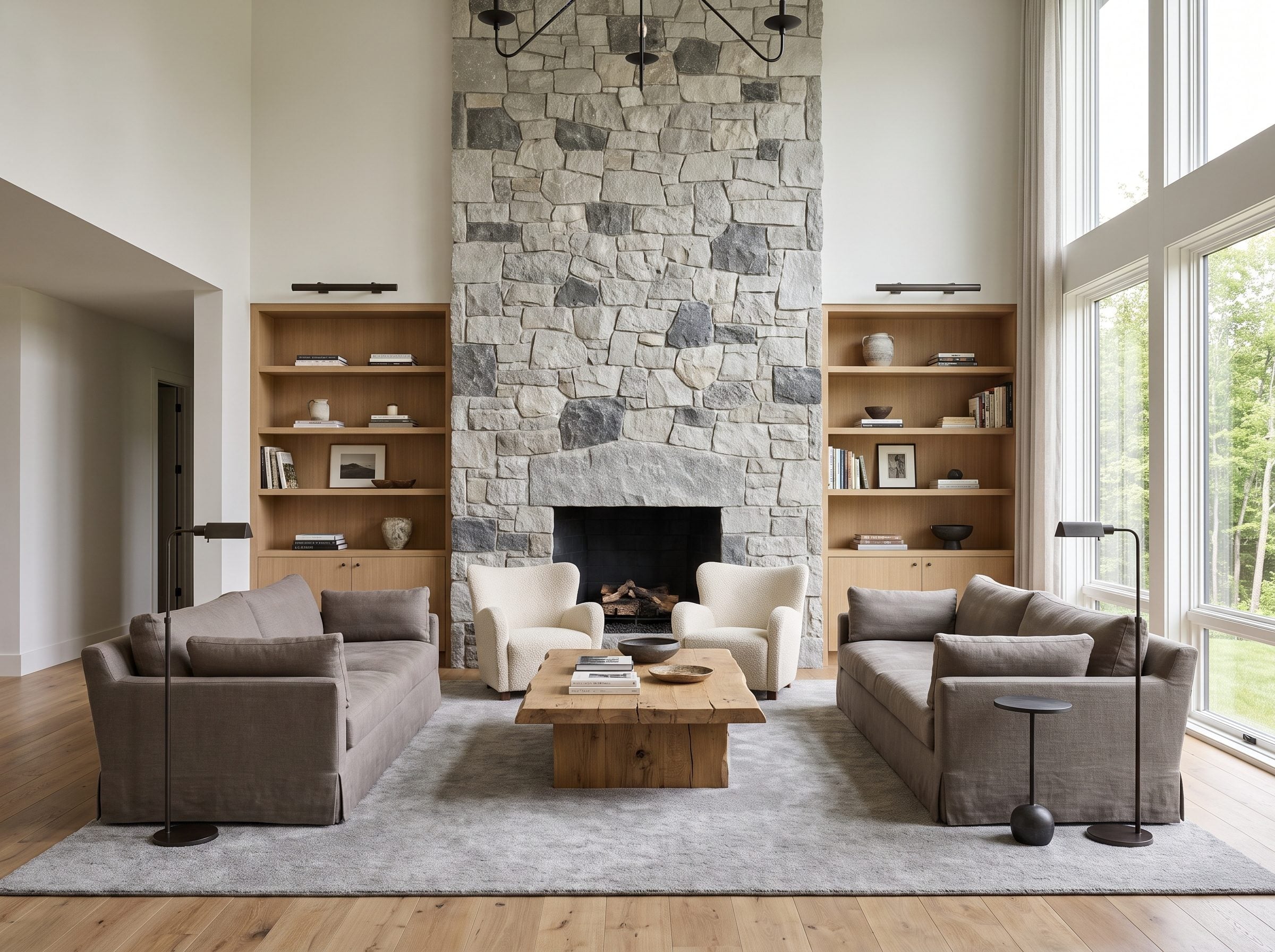 Living room with a floor-to-ceiling limestone fireplace showing pale, medium, and charcoal gray stone, flanked by two