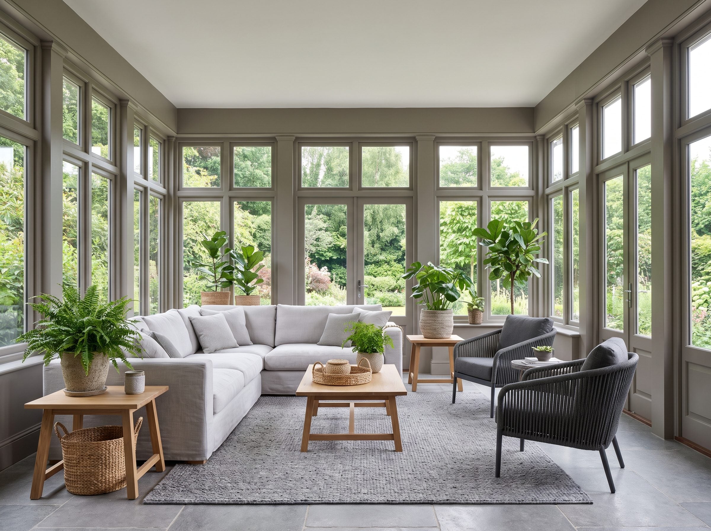 Sunroom with warm-gray walls and an 84-inch pale-gray linen sofa set against a wall of windows showing a green garden