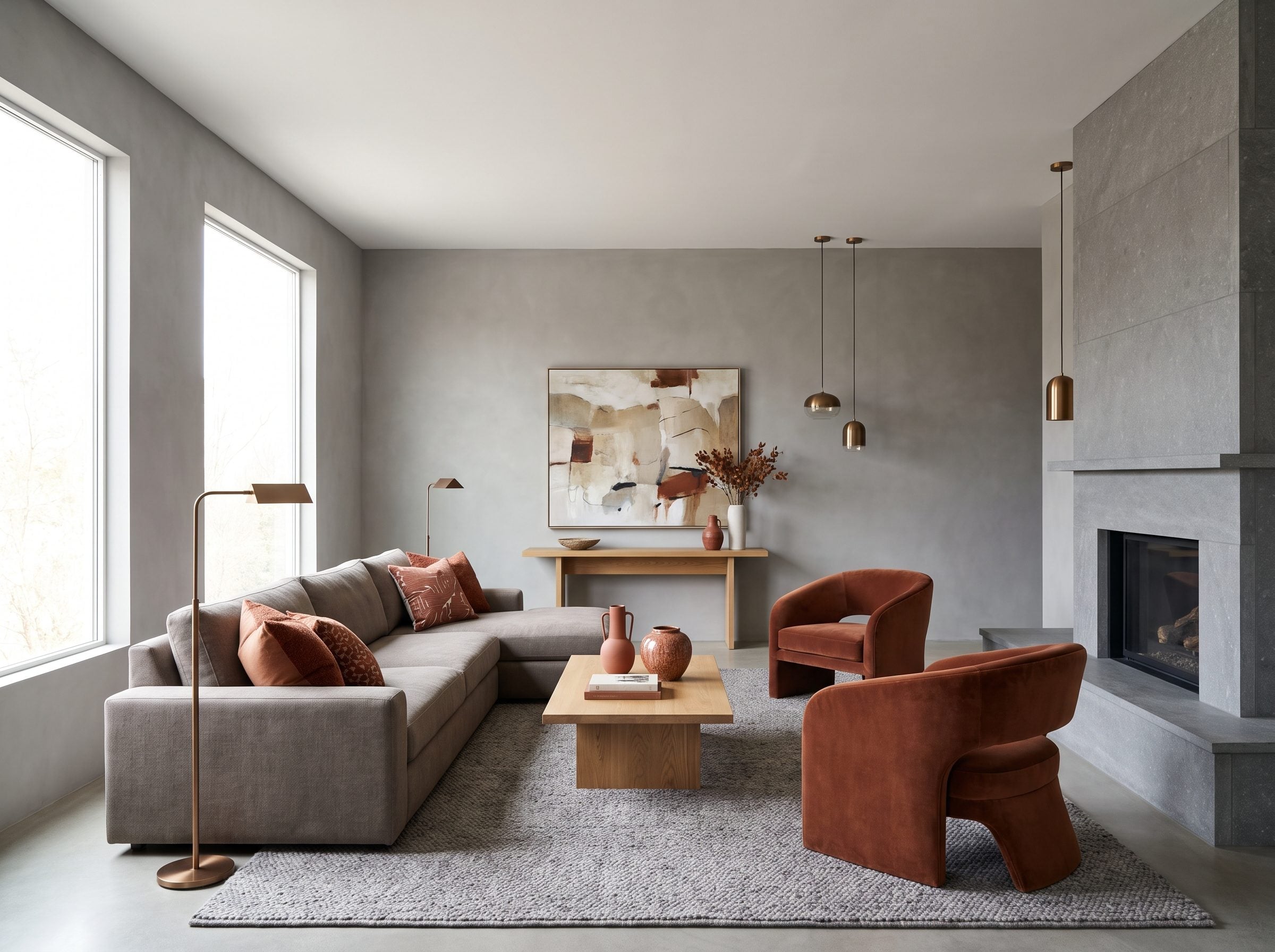 Gray living room with plaster walls, gray stone fireplace and gray sofa, accented by two rust-terracotta chairs and ceramics