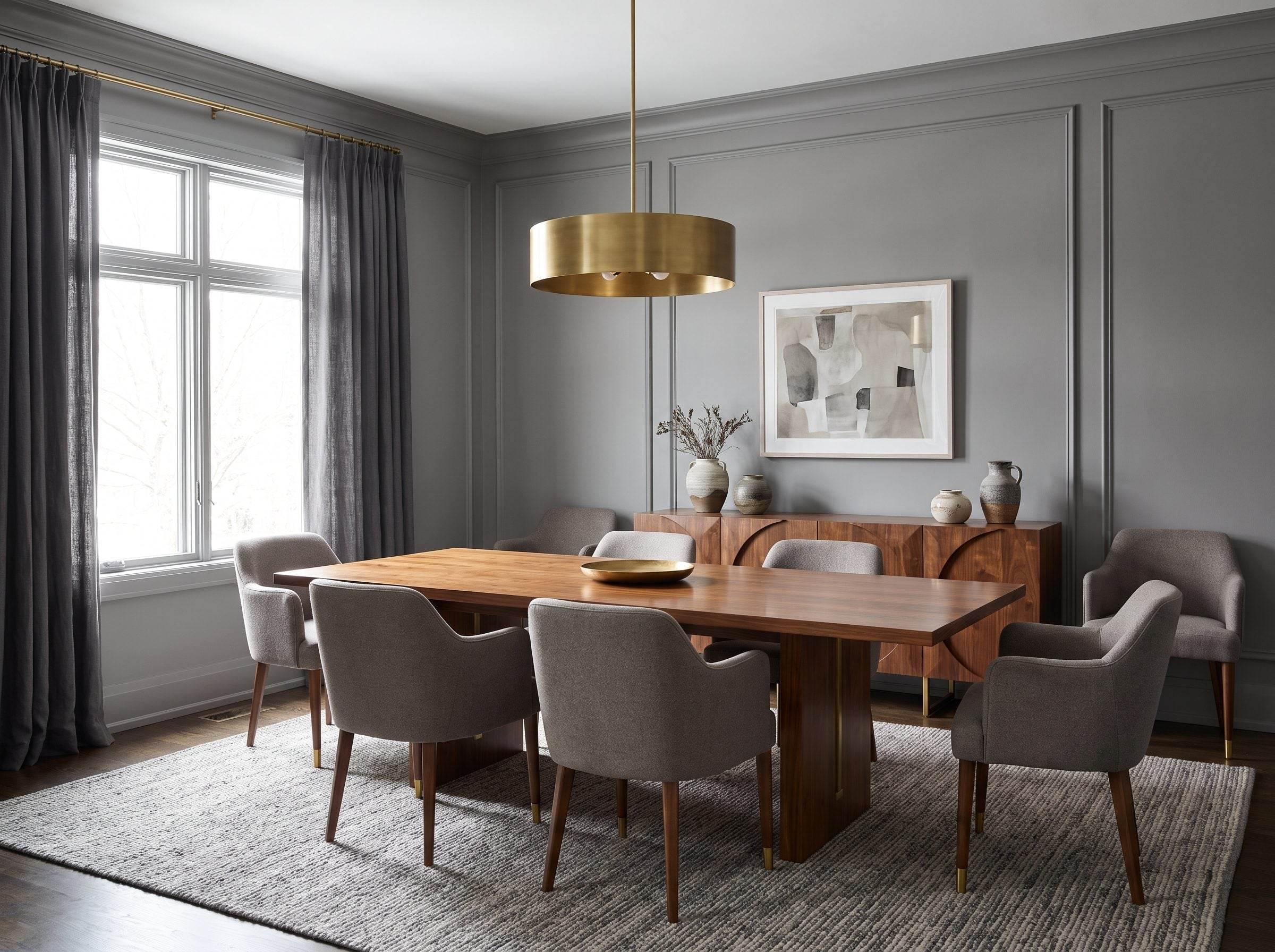 Gray dining room with a walnut table centered on a gray-and-cream rug, a brass pendant thirty-two inches above the tabletop,