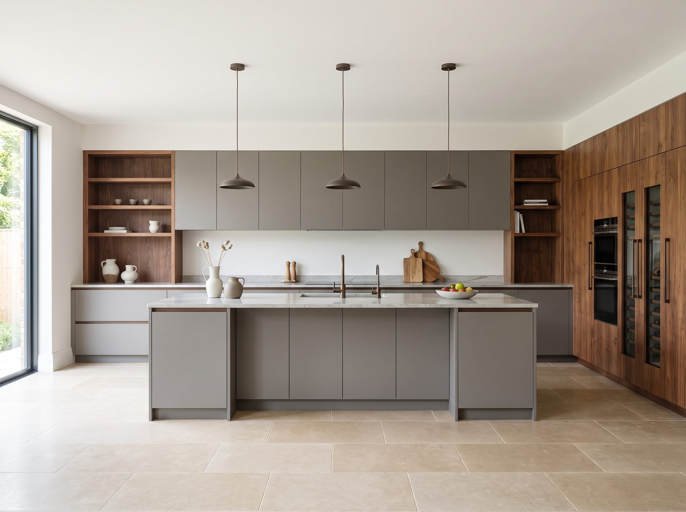 Contemporary kitchen with warm-gray cabinets along the left wall and island and a separate walnut cabinet wall on the right