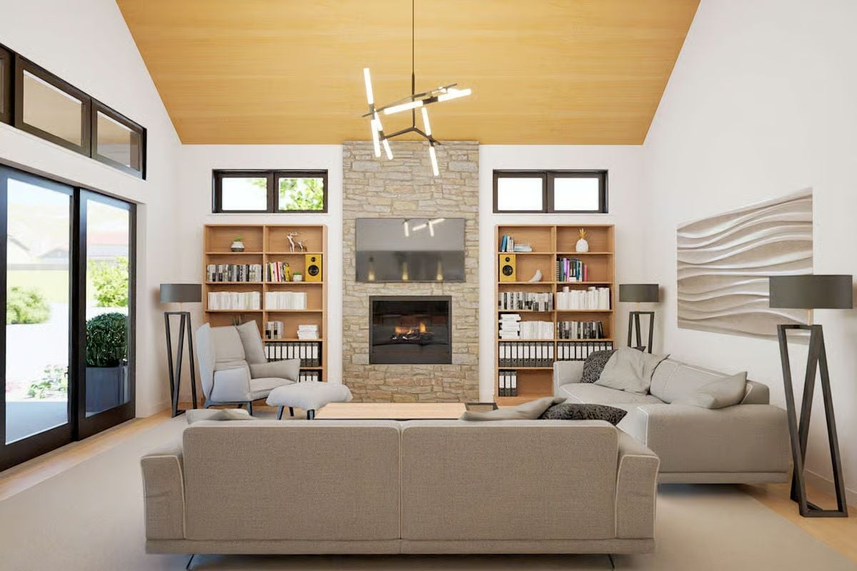 Stone Fireplace, Warm Ceiling, Zero Reasons to Leave the Couch