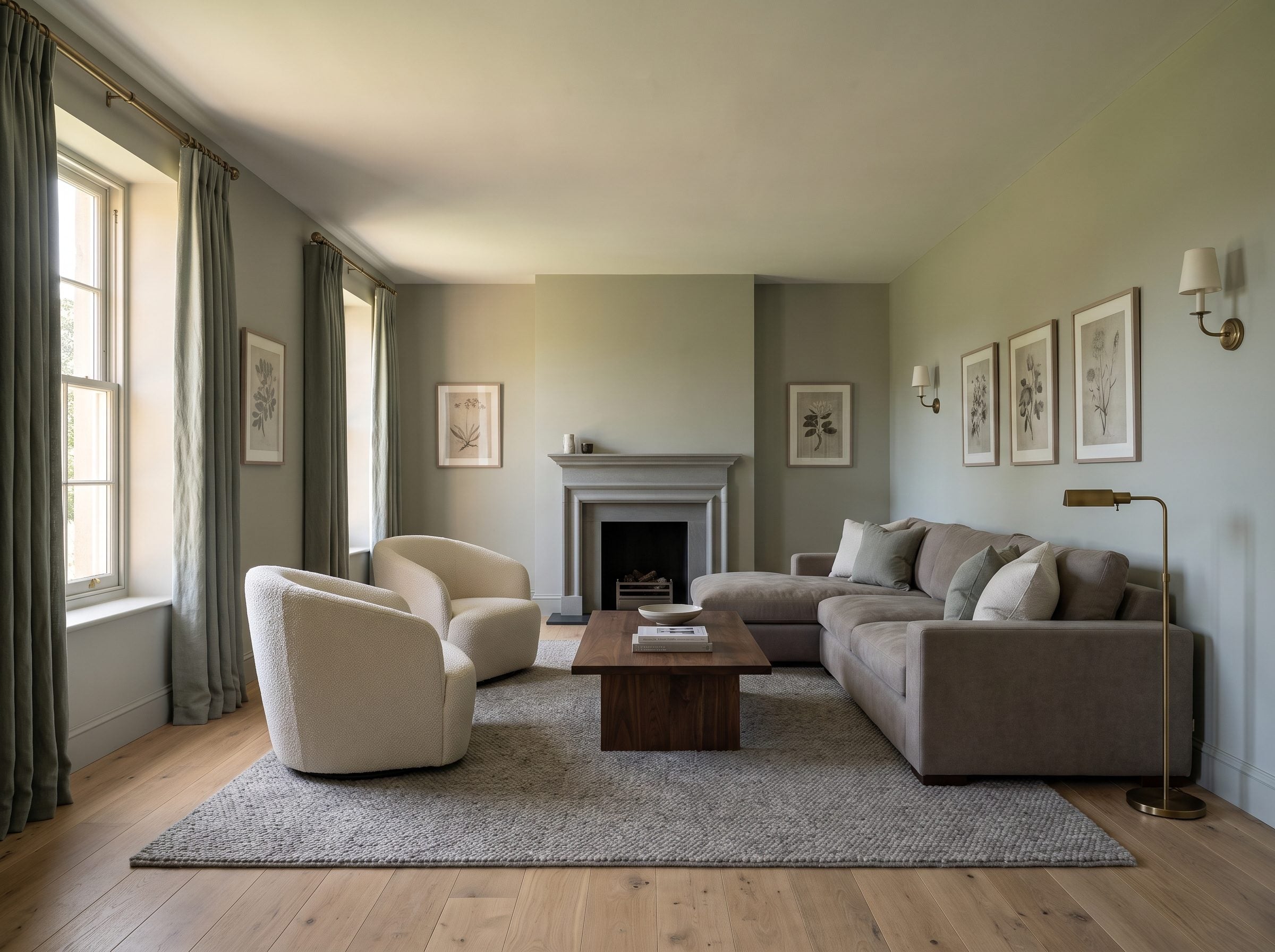 Living room with one green-gray wall color reading cool gray in bright window light on the left and olive-toned in softer