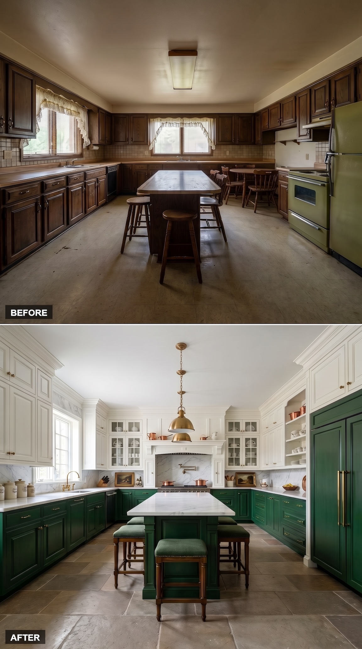 Green lower cabinets with white glass-front upper cabinets and marble island