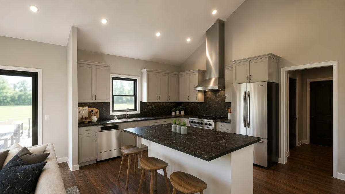 Dark Granite Island Counter That Pulls the Whole Kitchen Together