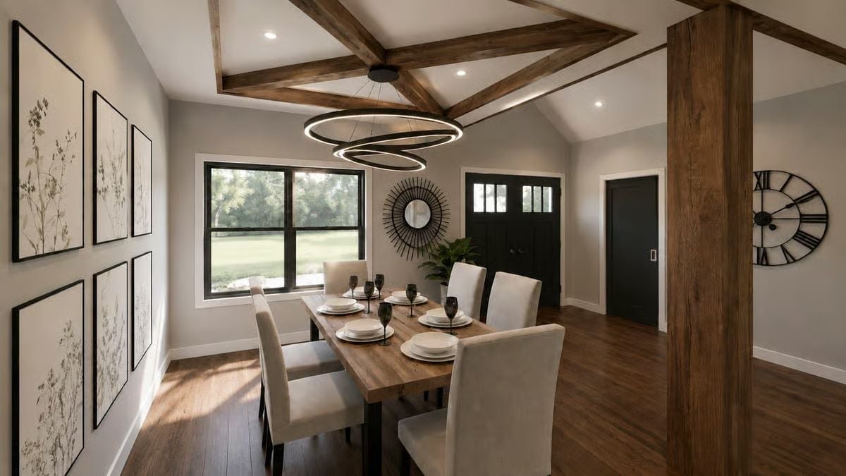 Exposed Beam Ceiling and Circular Pendant That Actually Justify Each Other