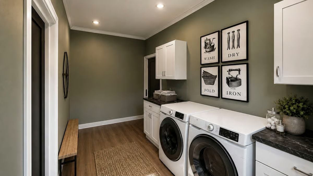 Sage Walls and Laundry Art That Make the Chore Room Feel Intentional