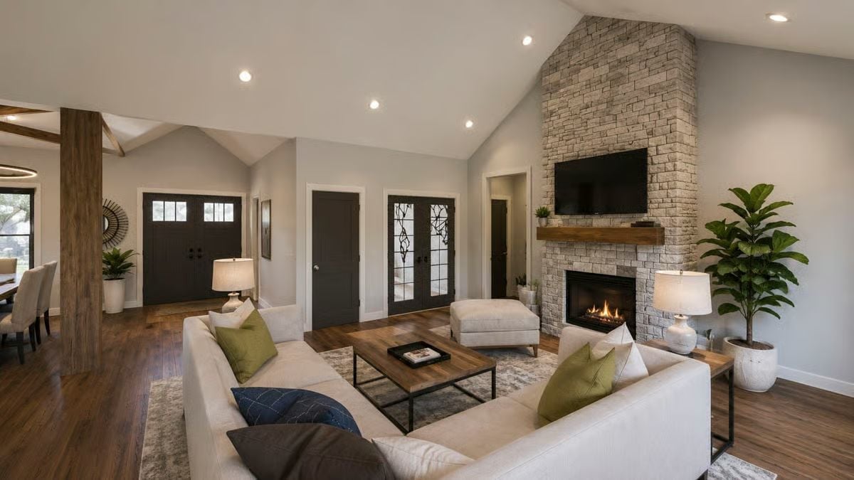 Vaulted Stone Fireplace Wall That Earns Every Inch of Its Height
