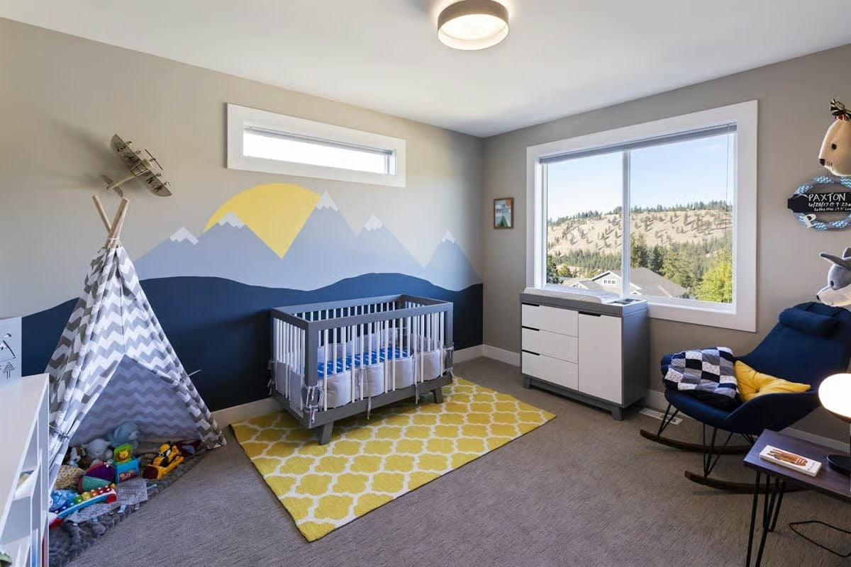 Mountain Mural, Chevron Teepee, and a Yellow Rug That Pulls the Whole Room Together
