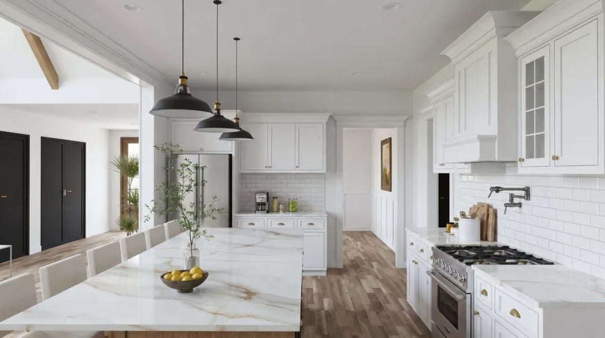 Matte Black Pendants Over Marble, White Cabinets All the Way Up