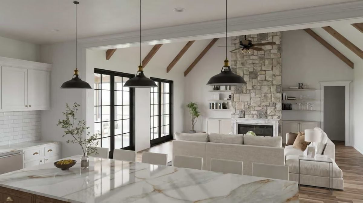 Stone Fireplace to Ceiling, Marble Island, Open to Everything
