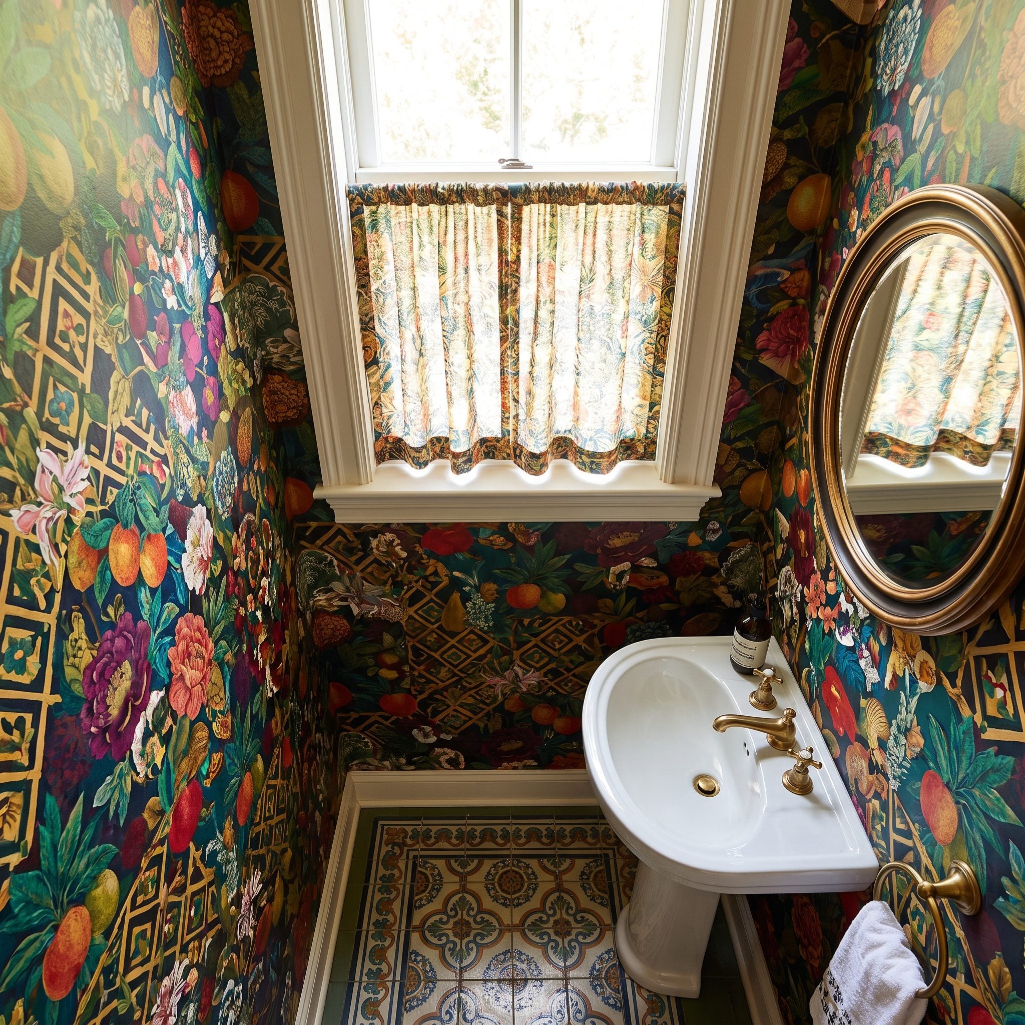 Small powder room with a café curtain covering only the lower half of a high window and stopping at the sill.