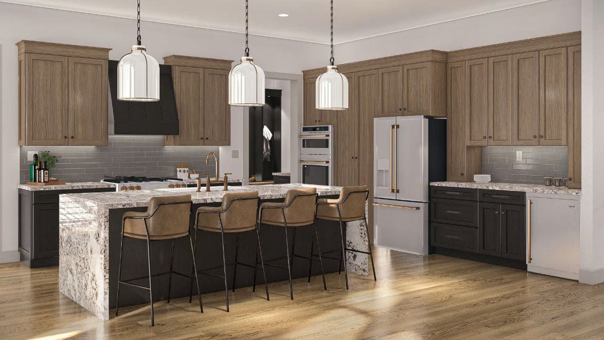 Leather Barstools and Waterfall Marble in a Kitchen That Means Business