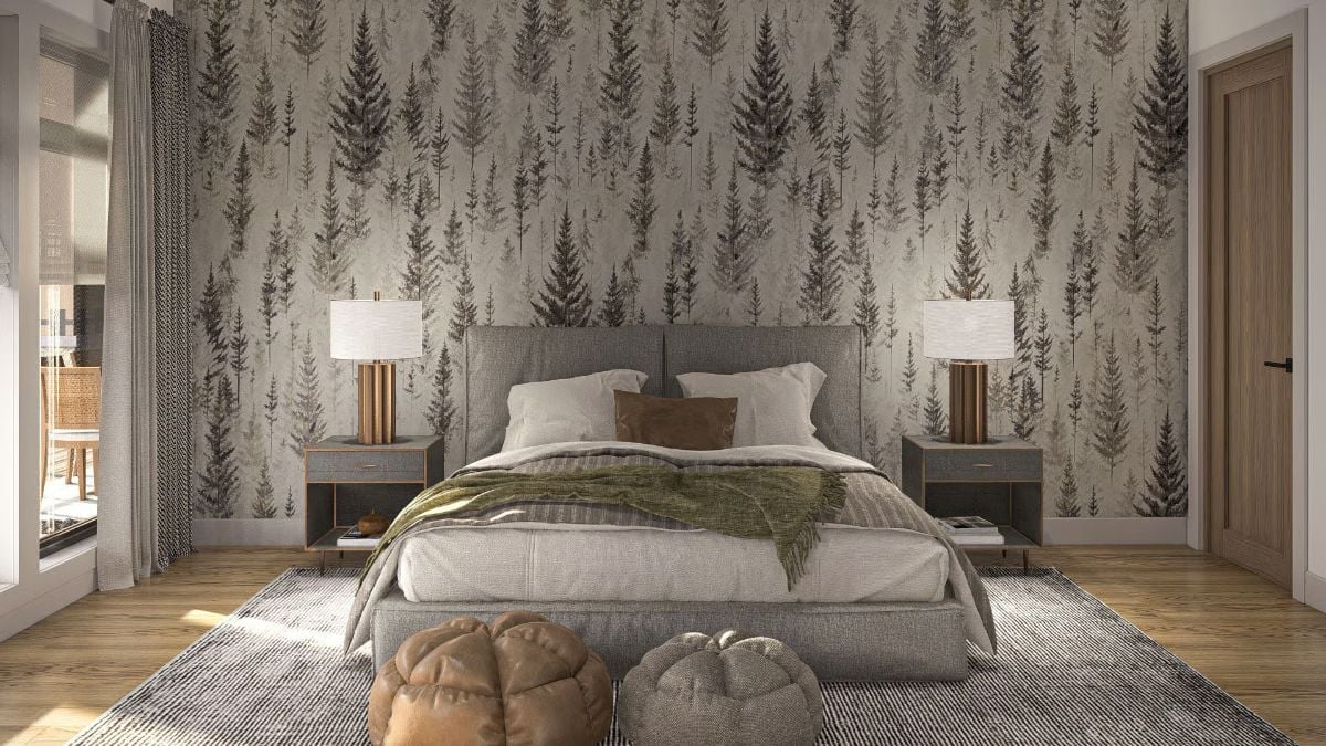 Pine Tree Wallpaper and a Green Throw That Make a Bedroom Feel Like a Retreat