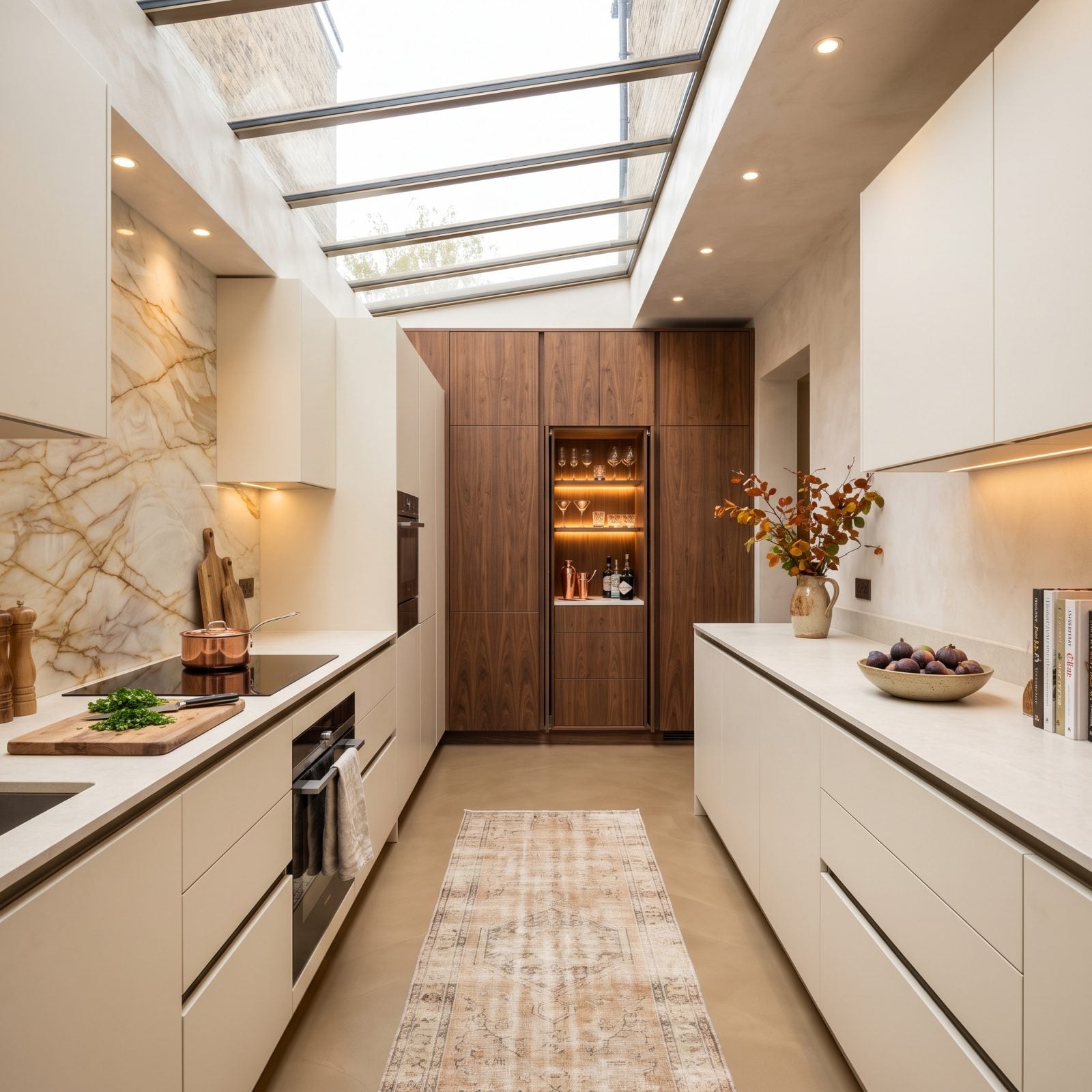 Handleless Cream Galley With a Walnut Tall Bank