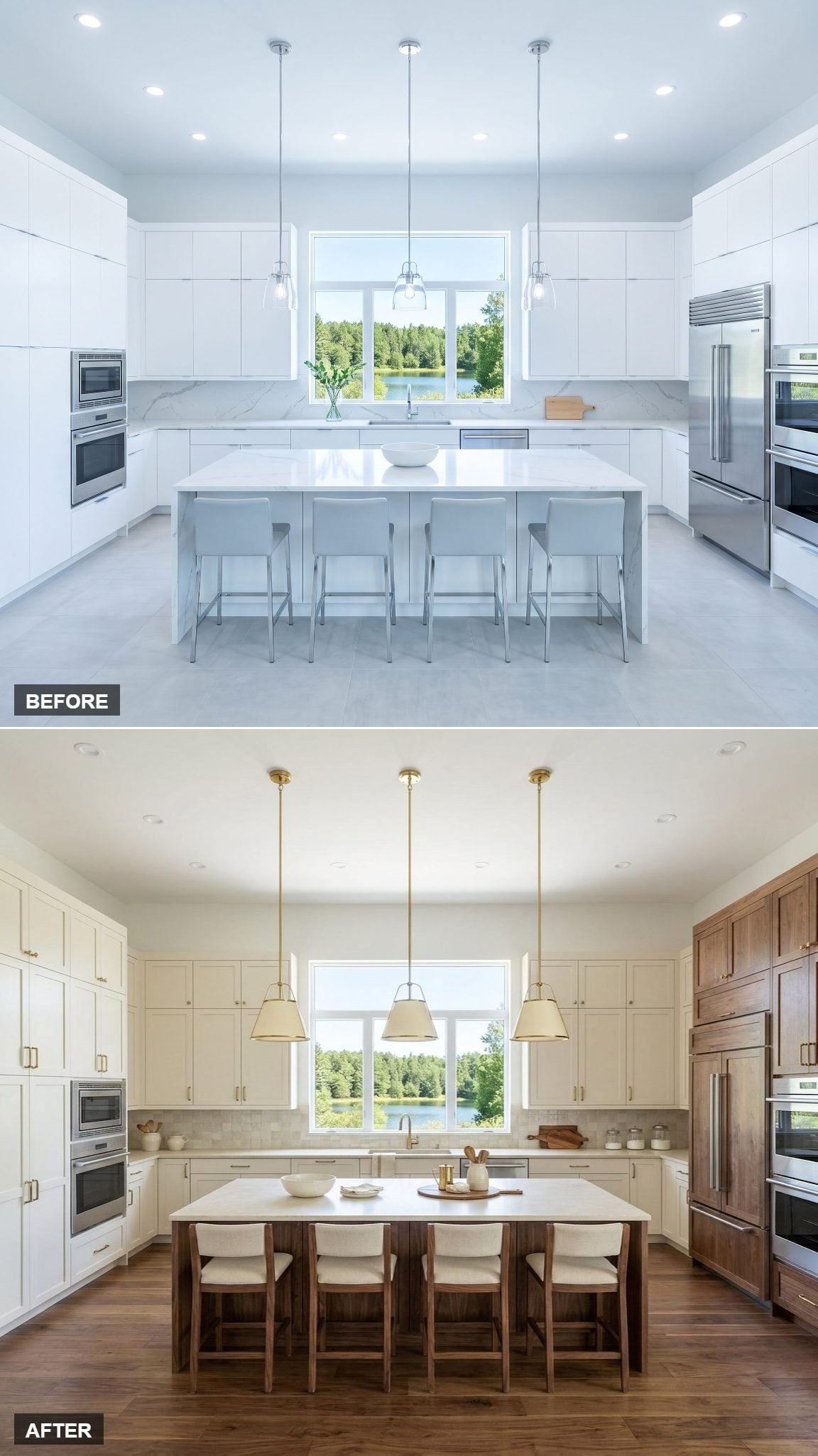 Handmade Warm-Cream Ceramic Backsplash With Walnut Island and Artisanal Brass Details