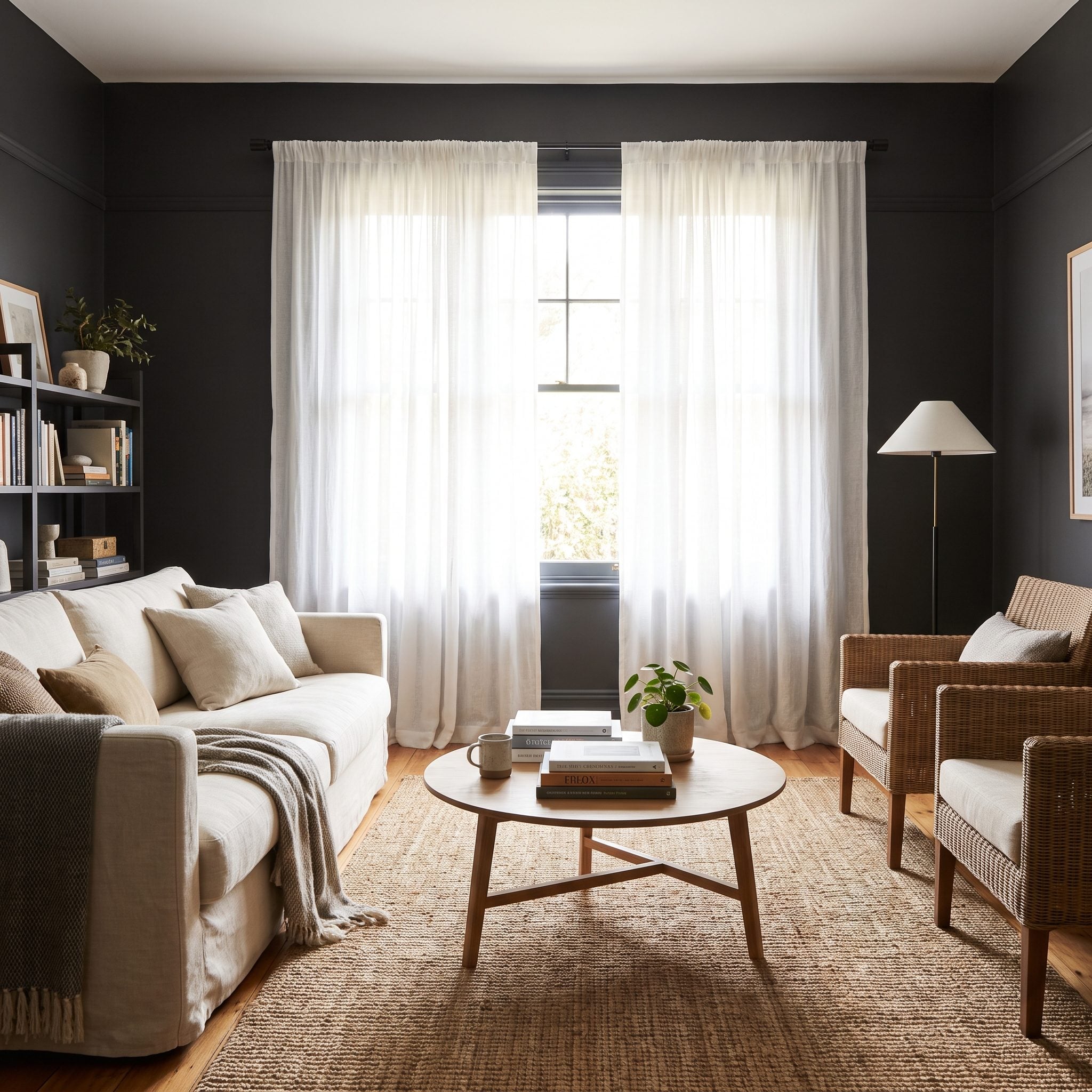 Charcoal living room with pale oatmeal curtains framing the window