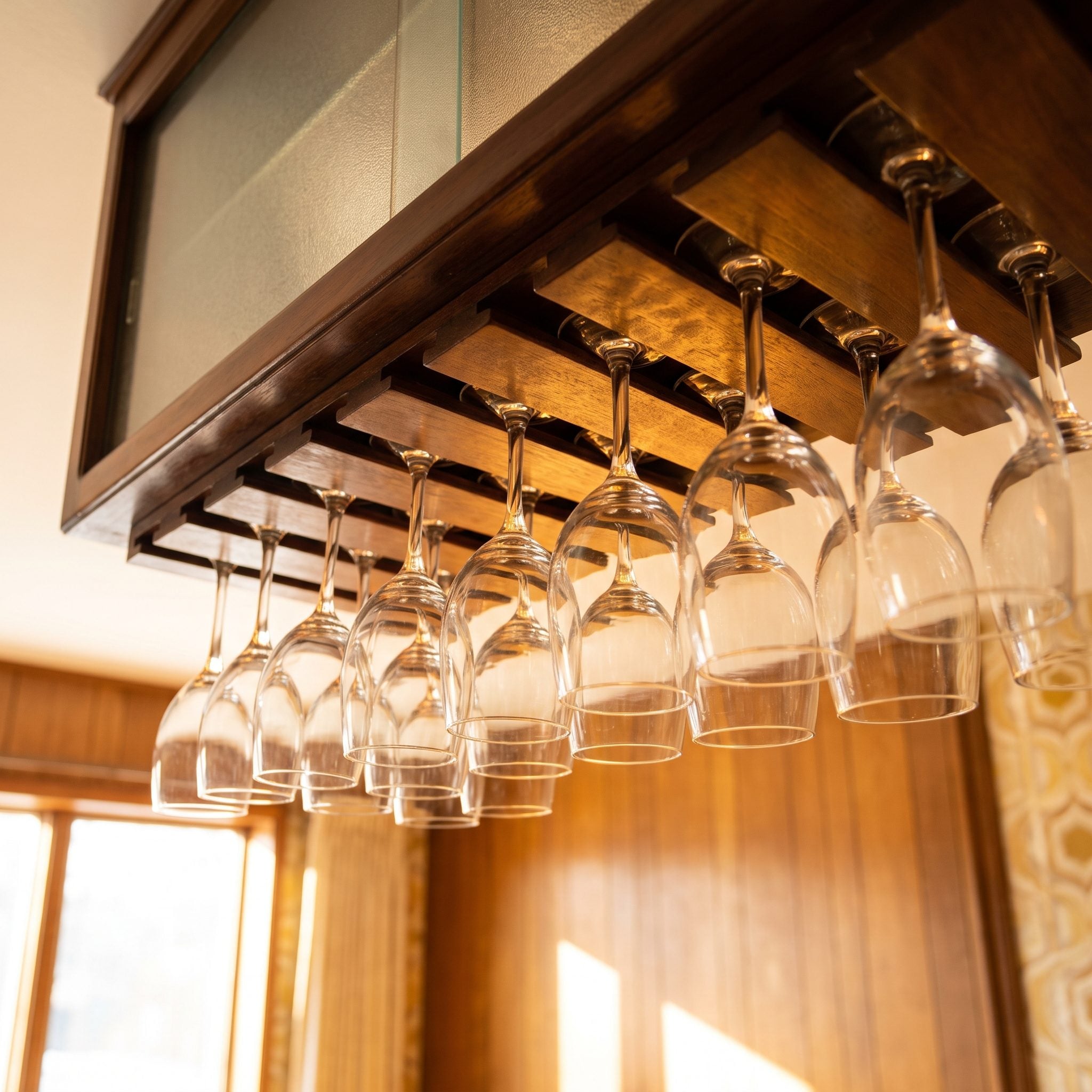 The Hanging Rack of Upside-Down Stemmed Glasses