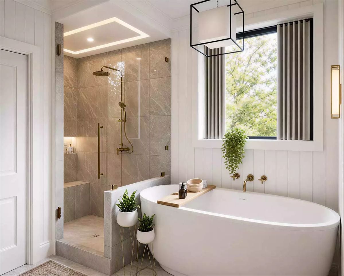 Brushed Brass and Frameless Glass Make This Shower-Tub Pairing Feel Like a Spa Upgrade
