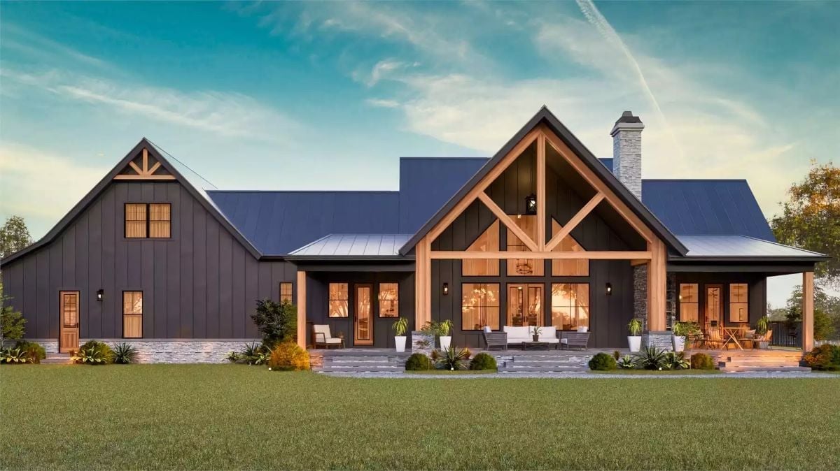 Exposed Timber Framing and a Metal Roof Give This Farmhouse Exterior Its Backbone