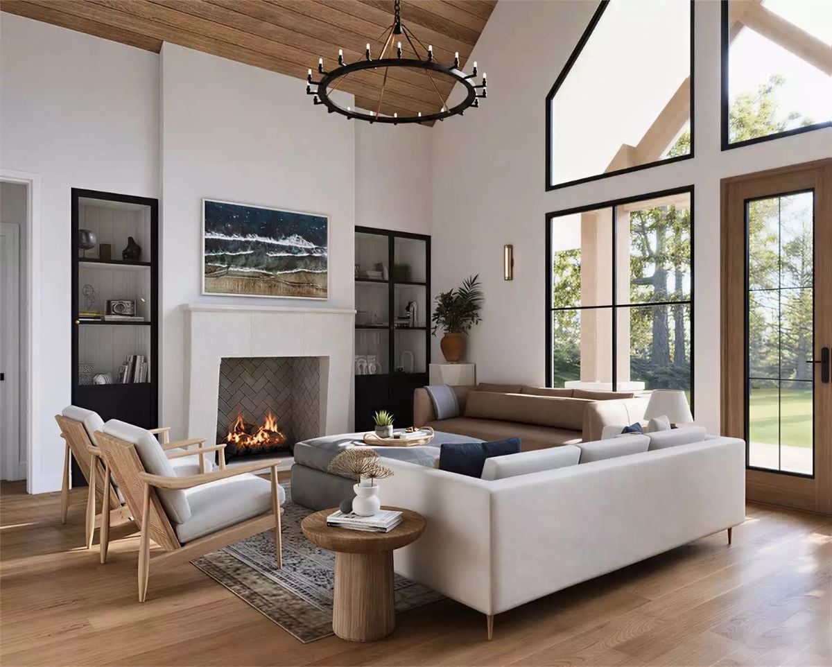 Vaulted Ceilings and a Live Fire Make the Living Room Feel Worth Coming Home To