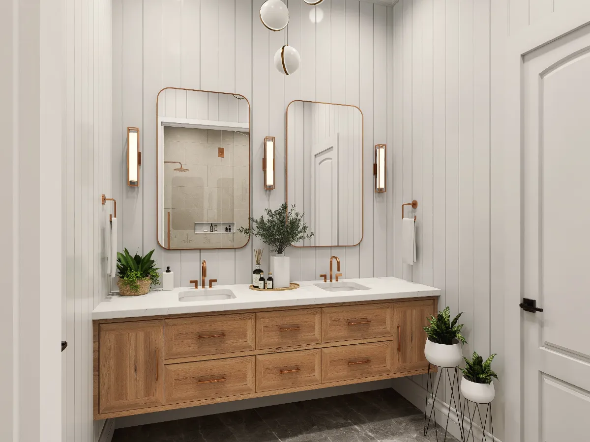 Copper Hardware and a Floating Oak Vanity Give This Bathroom Real Character