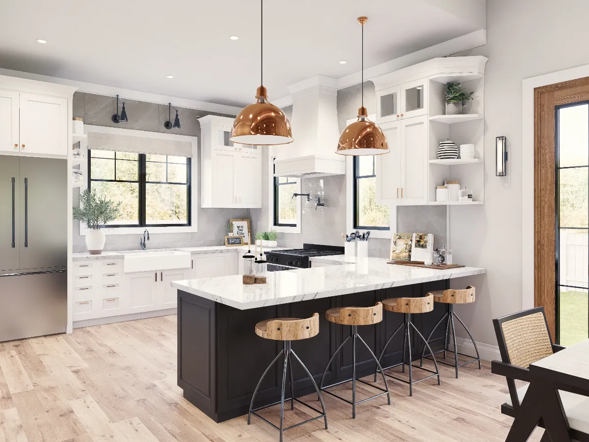 Copper Pendants and a Dark Island Make This Kitchen Worth Lingering In