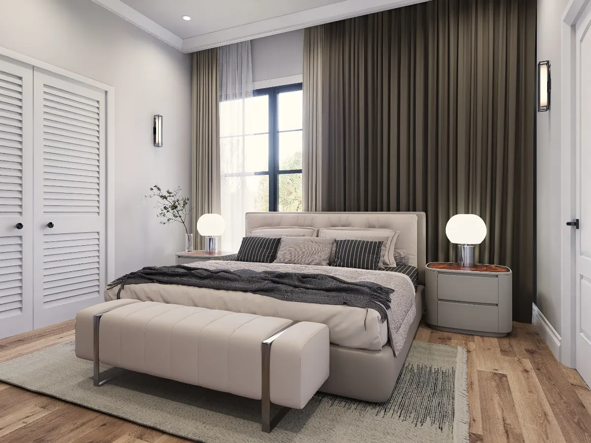 Globe Lamps and a Tufted Bench Give This Bedroom Its Quiet Confidence