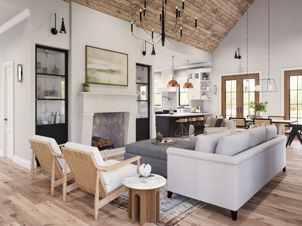Vaulted Wood Ceiling and a Stone Fireplace Anchor the Heart of This Farmhouse