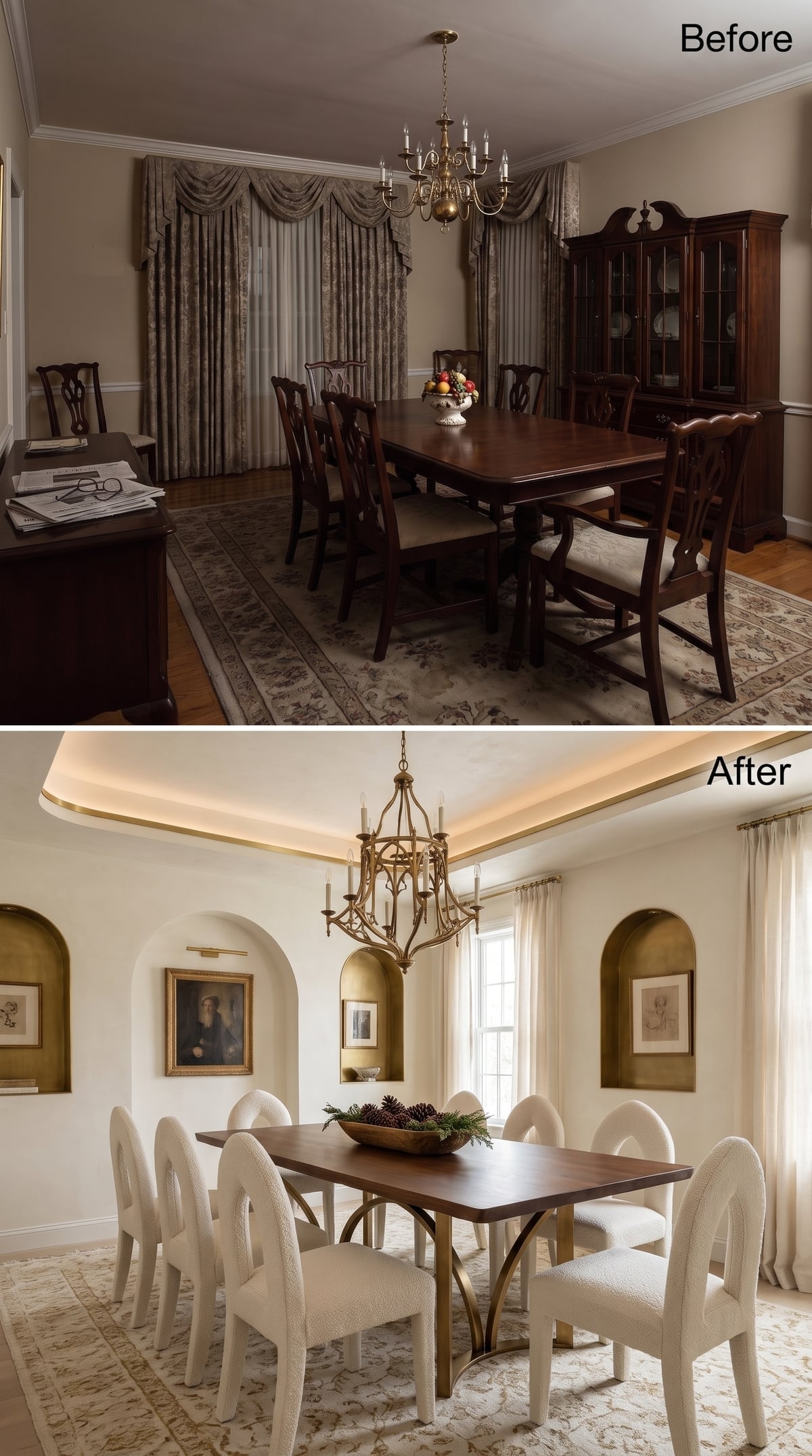 Arched Gold Niches, Cove Lighting, and Boucle Chairs That Rewrote the Whole Room