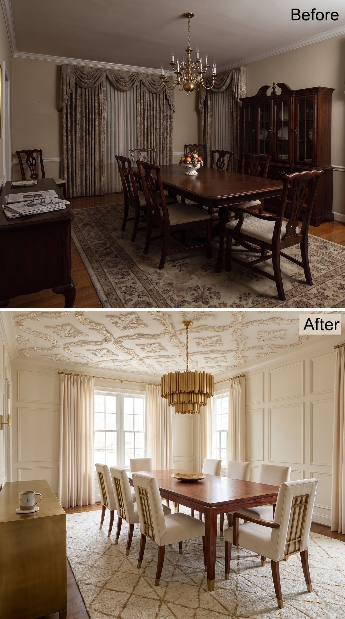 Botanical Plaster Ceiling, Paneled Walls, and Gold Tube Chandelier Worth Every Dollar