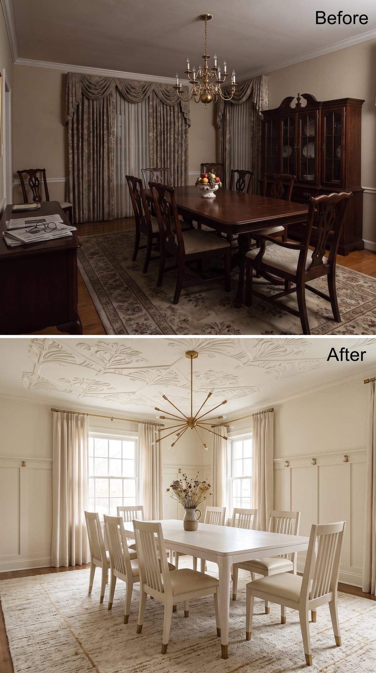 Botanical Plaster Ceiling, Sputnik Brass, and Wainscoting That Finally Has a Point