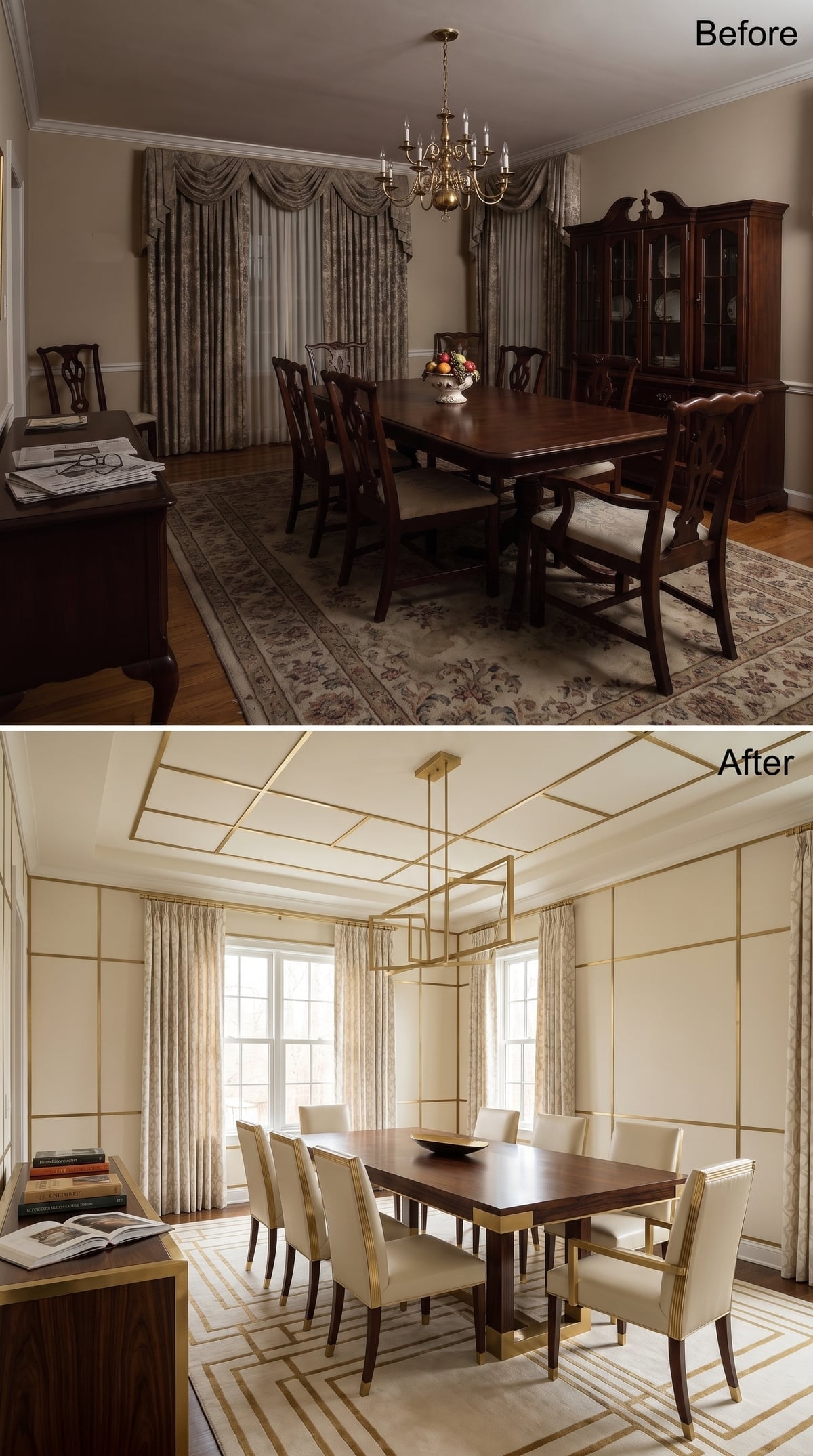 Brass Grid Ceiling, Square Table Base, and Ivory Upholstery That Finally Speak the Same Language