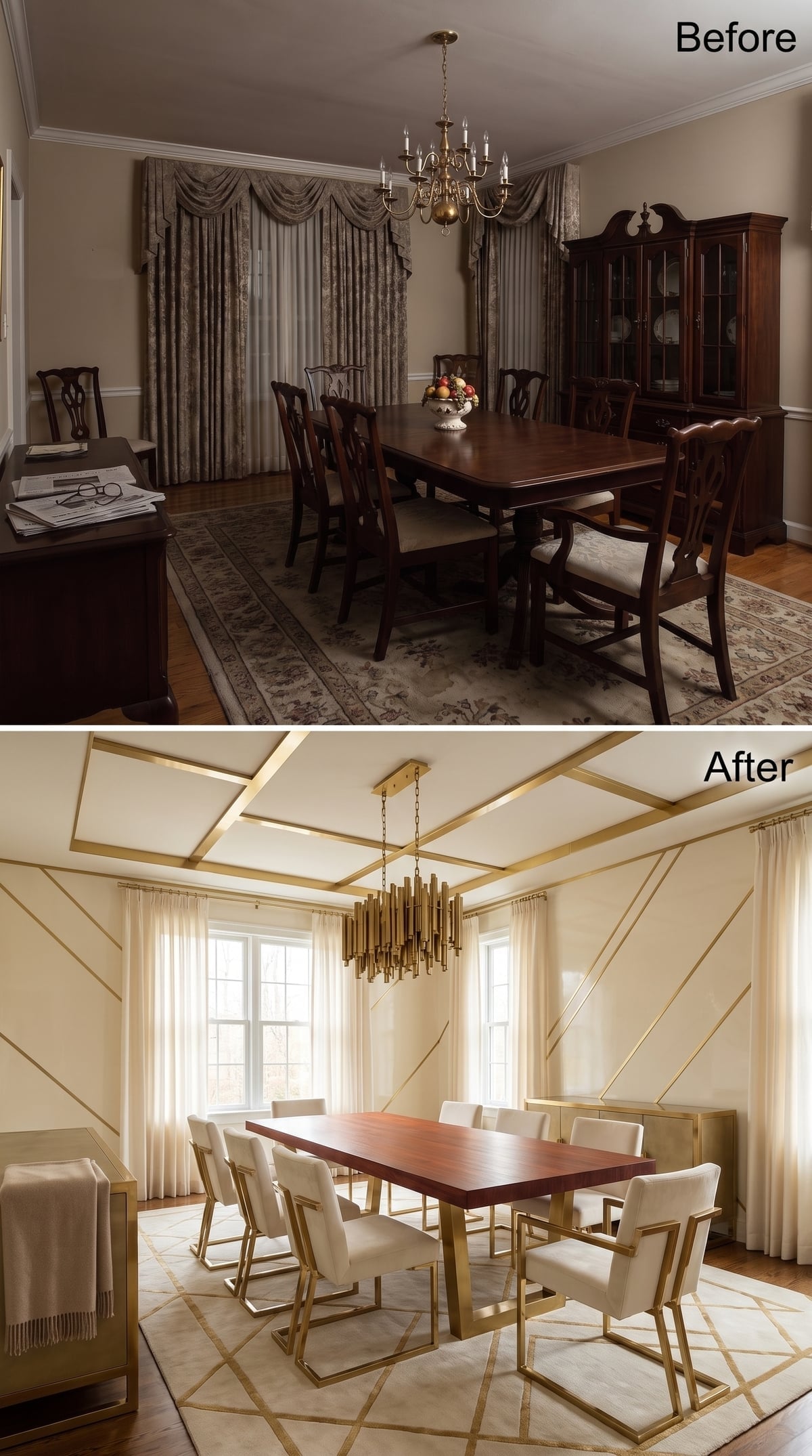 Brass-Trimmed Coffered Ceiling, Diagonal Wall Panels, and Chairs That Finally Match the Room's Ambition