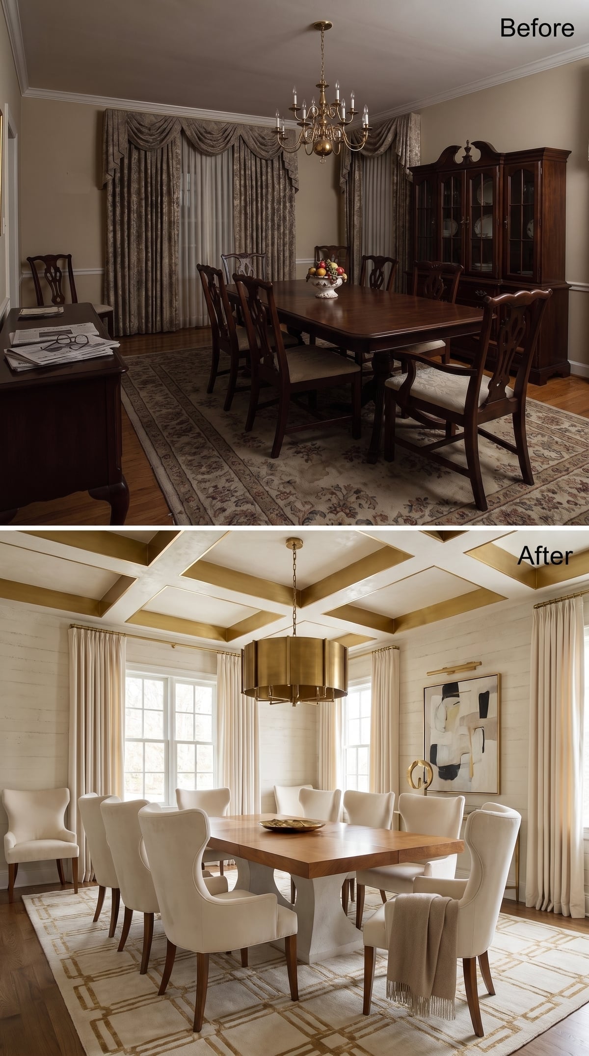 Coffered Ceiling with Brass Inlay, Wing Chairs in Boucle, and a Rug That Finally Matches the Room's Ambition
