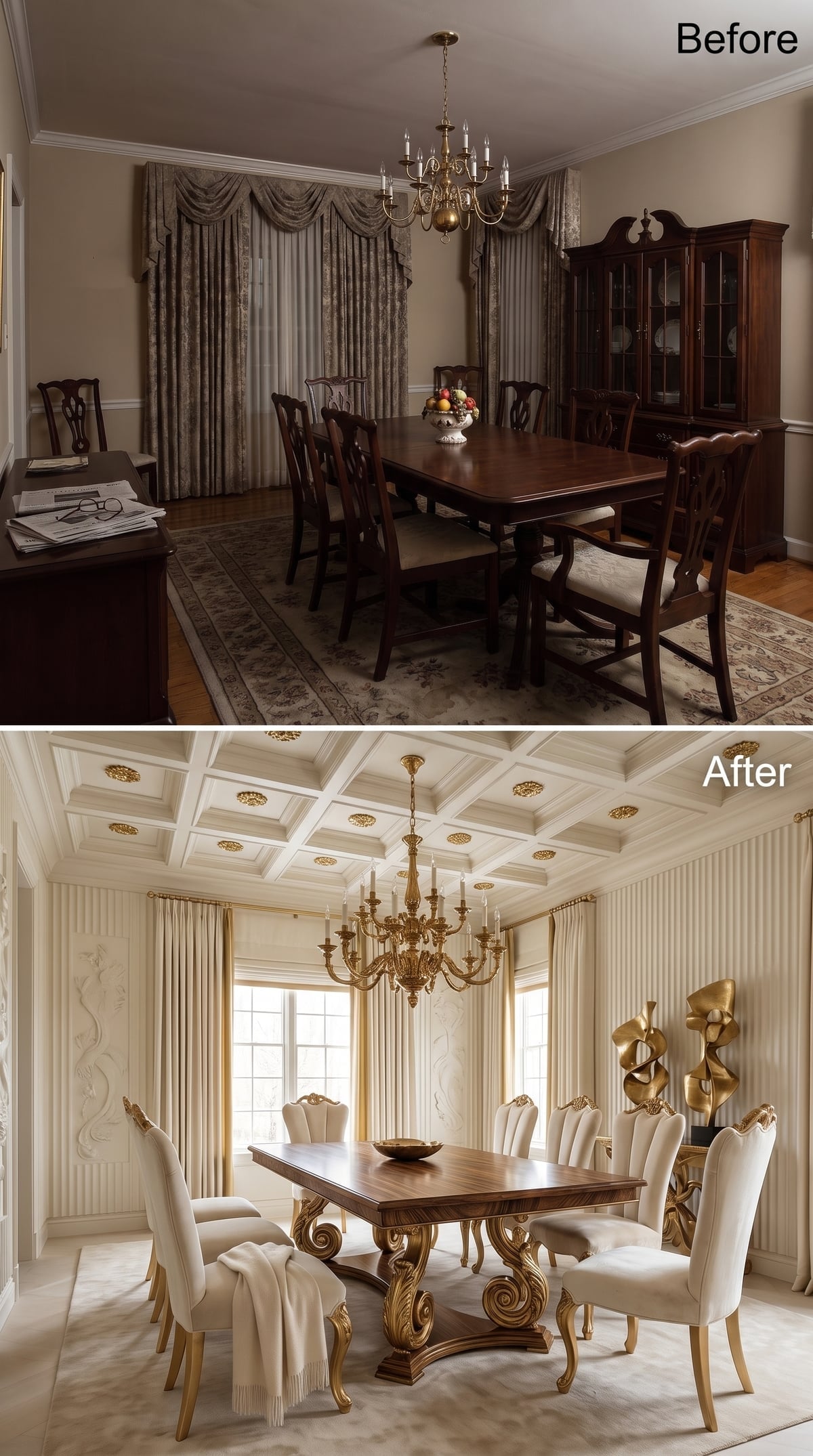 Coffered Ceiling with Gilt Rosettes, Carved Table Legs, and Chairs That Actually Commit