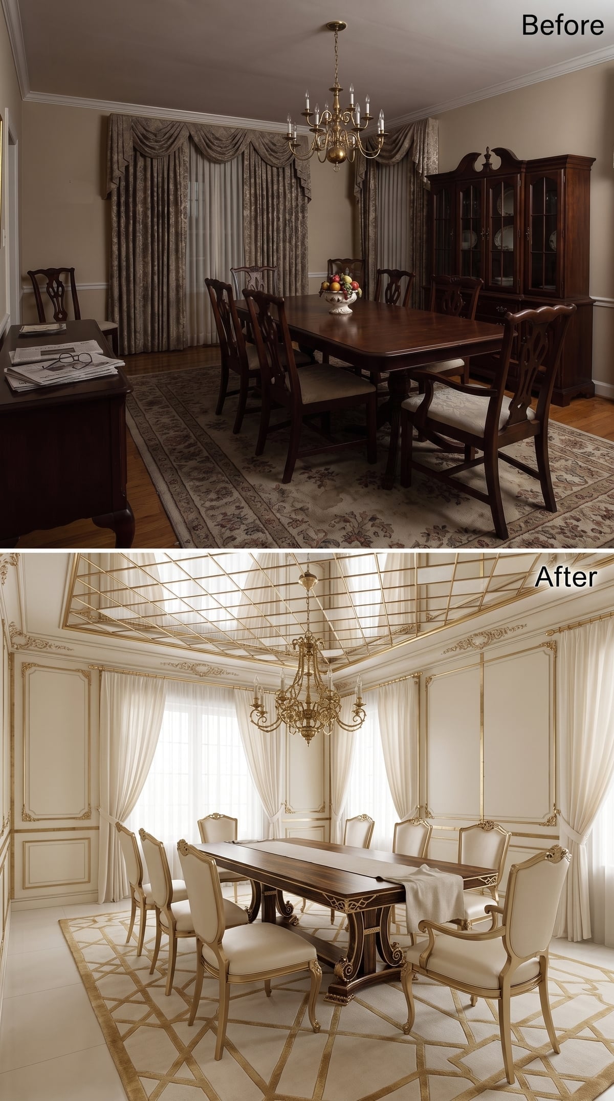 Coffered Gold Ceiling, Ivory Upholstery, and Sheer Curtains That Flood the Room With Light