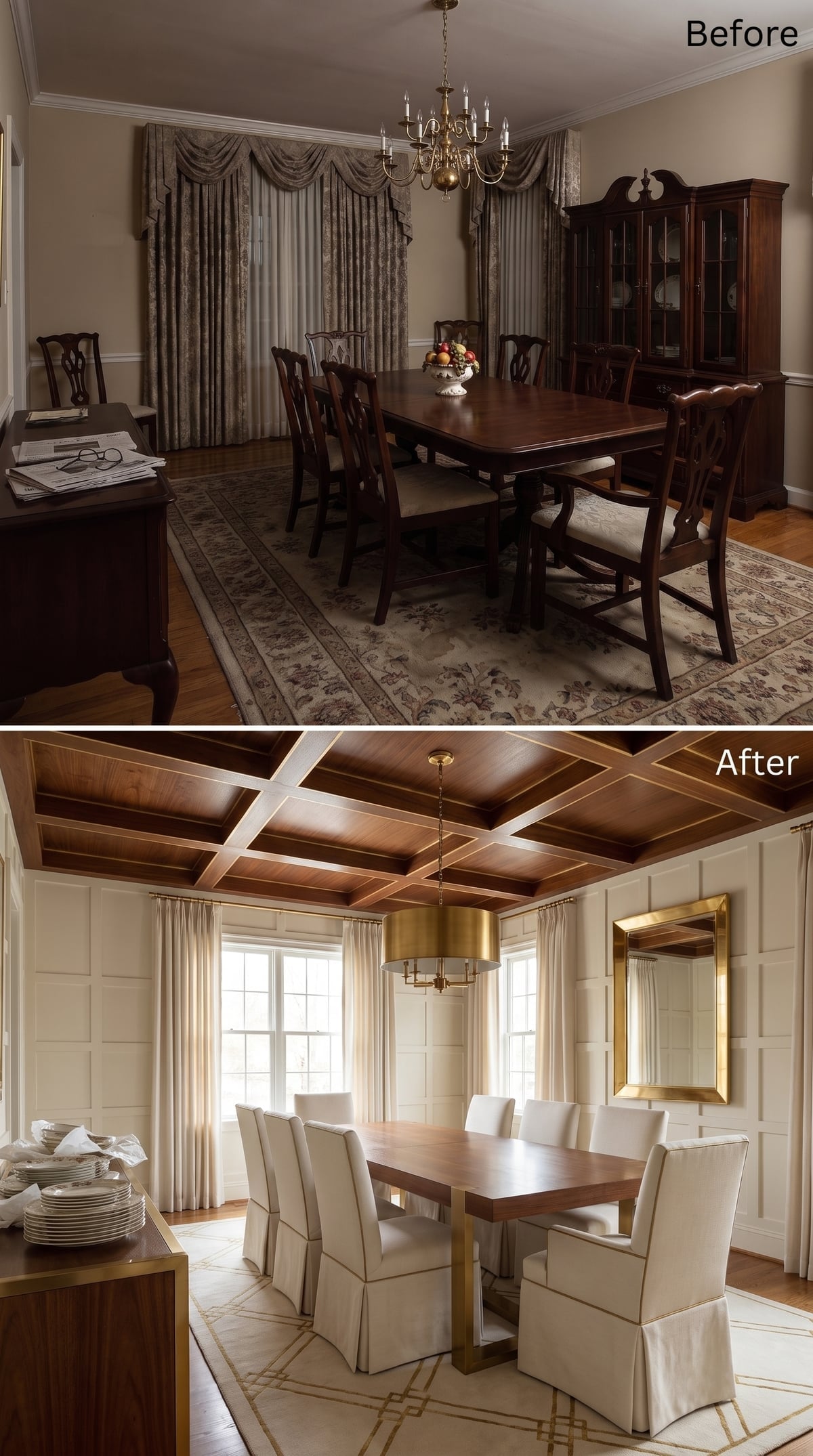 Coffered Walnut Overhead, Slipcovered Chairs, and Brass That Reads Across Every Surface