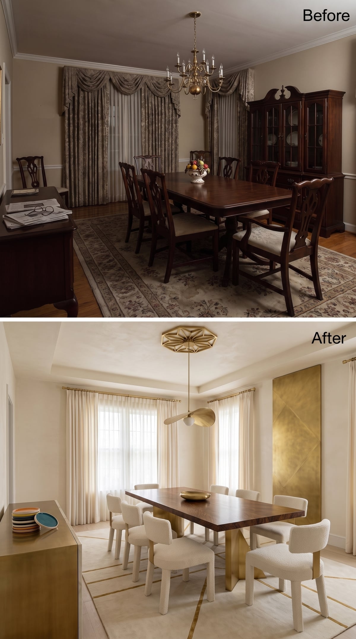 Cream Boucle, Brass Geometry, and a Gold Wall Panel That Anchors the Whole Room
