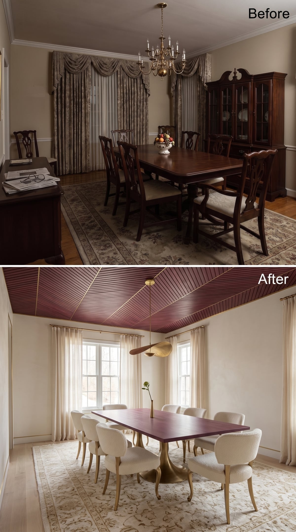Diagonal Slats, a Burgundy Ceiling, and Brass That Finally Has Somewhere to Go