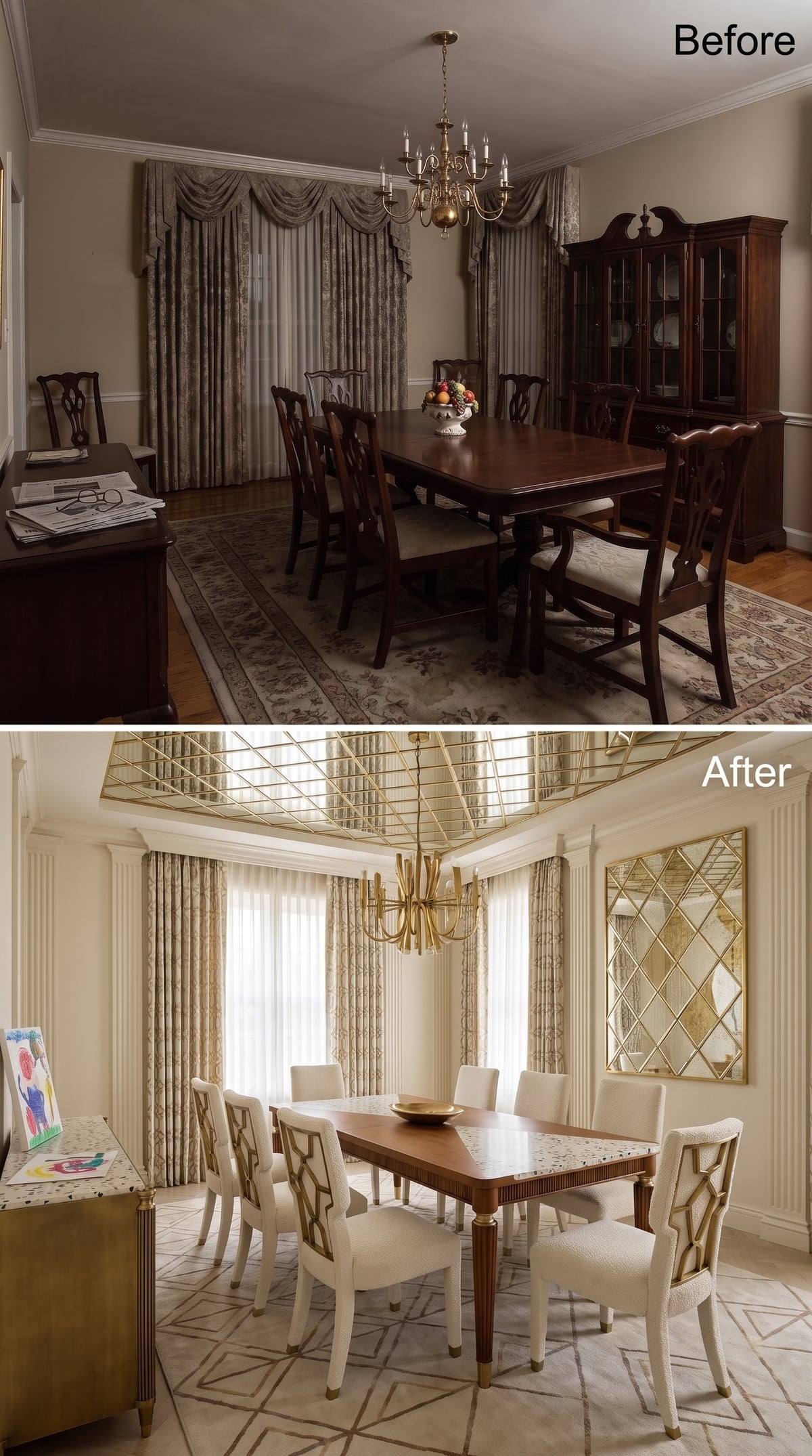 Diamond Mirror Panel, Gold Fretwork Chairs, and a Ceiling That Earns the Room